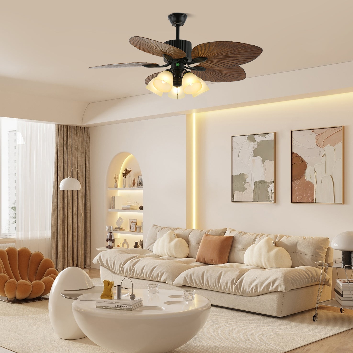 Elara Tropical Wood Glass Ceiling Fan Light - Blowlighting