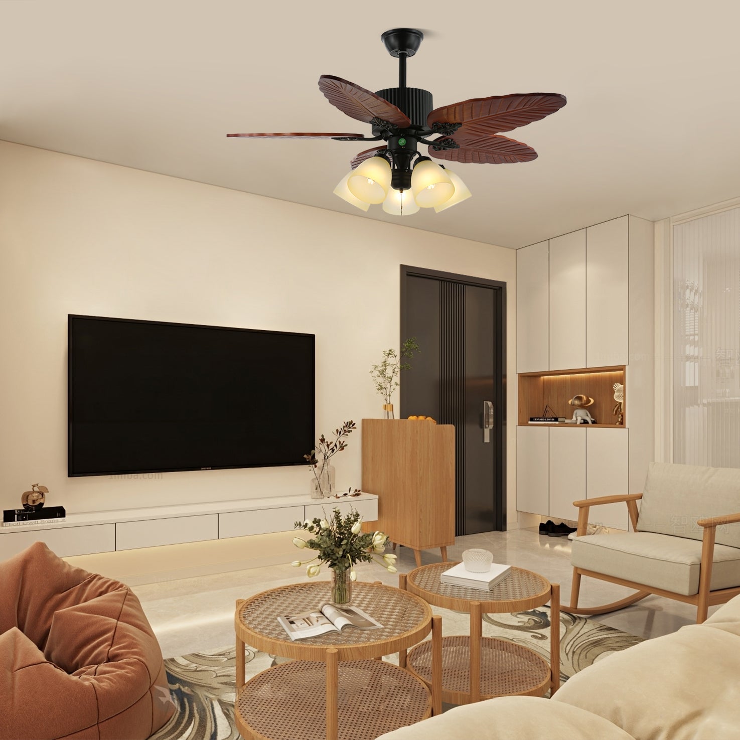 Elara Tropical Wood Glass Ceiling Fan Light - Blowlighting