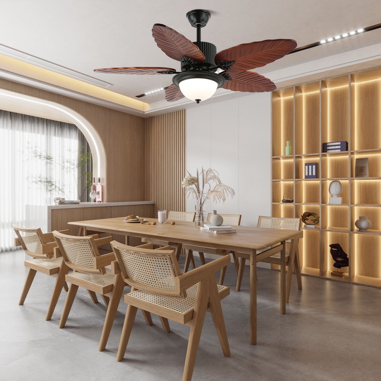 Elara Tropical Wood Glass Ceiling Fan Light - Blowlighting
