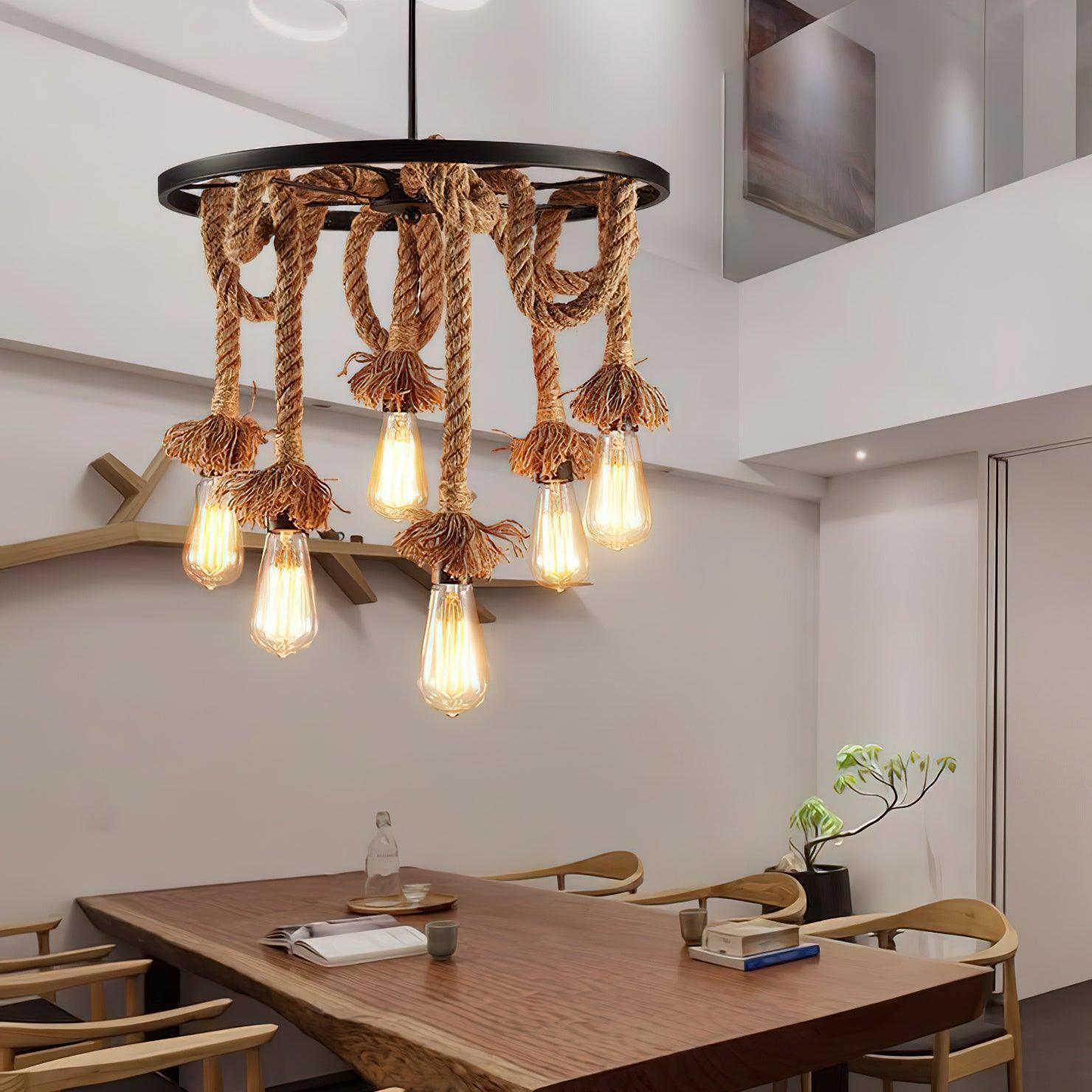 Hemp Rope Industrial Six Head Chandelier - Blowlighting