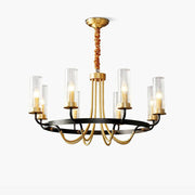 Chandelier Black Round Frame Brass Arms Ribbed Glass - Blowlighting