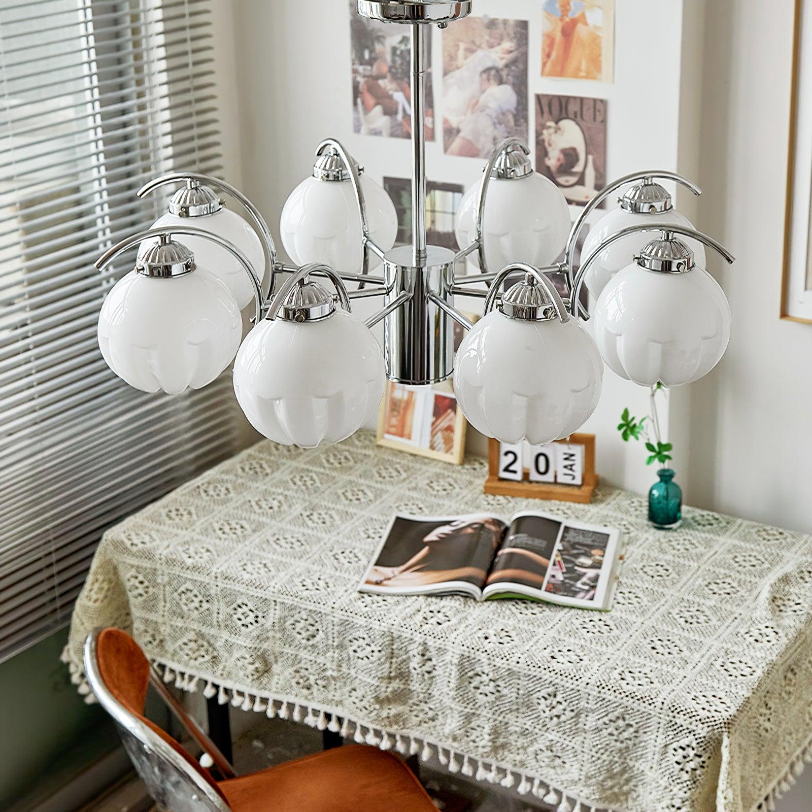 Chandelier Chrome Curved Arms with Frosted Globe Shades - Blowlighting