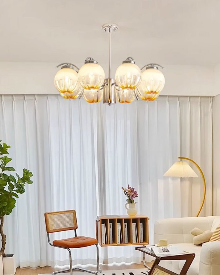 Chandelier Chrome Curved Arms with Frosted Globe Shades - Blowlighting