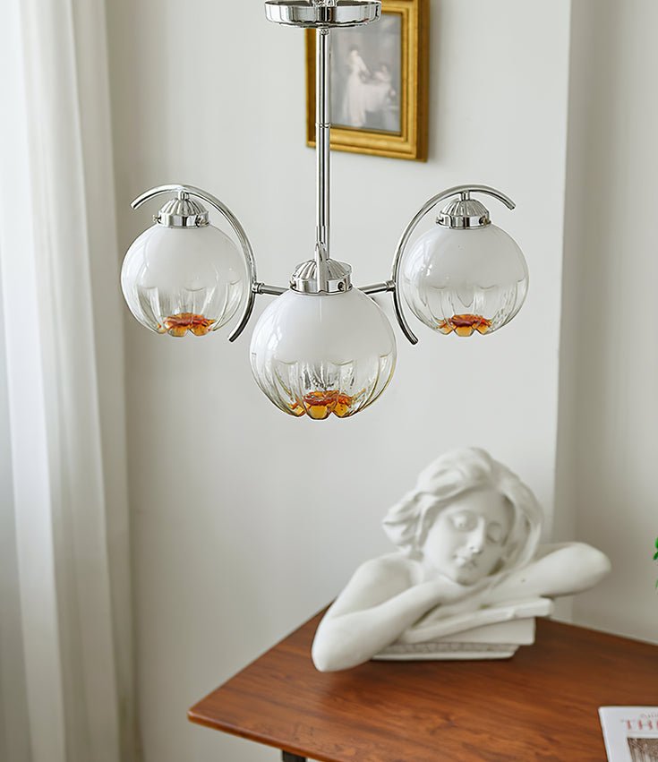 Chandelier Chrome Curved Arms with Frosted Globe Shades - Blowlighting