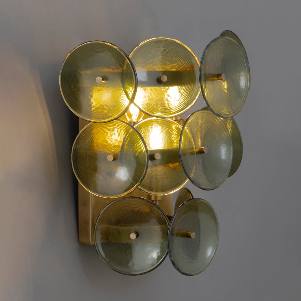Aurora Wall Sconce Pressed Glass Disc Vintage Amber - Blowlighting