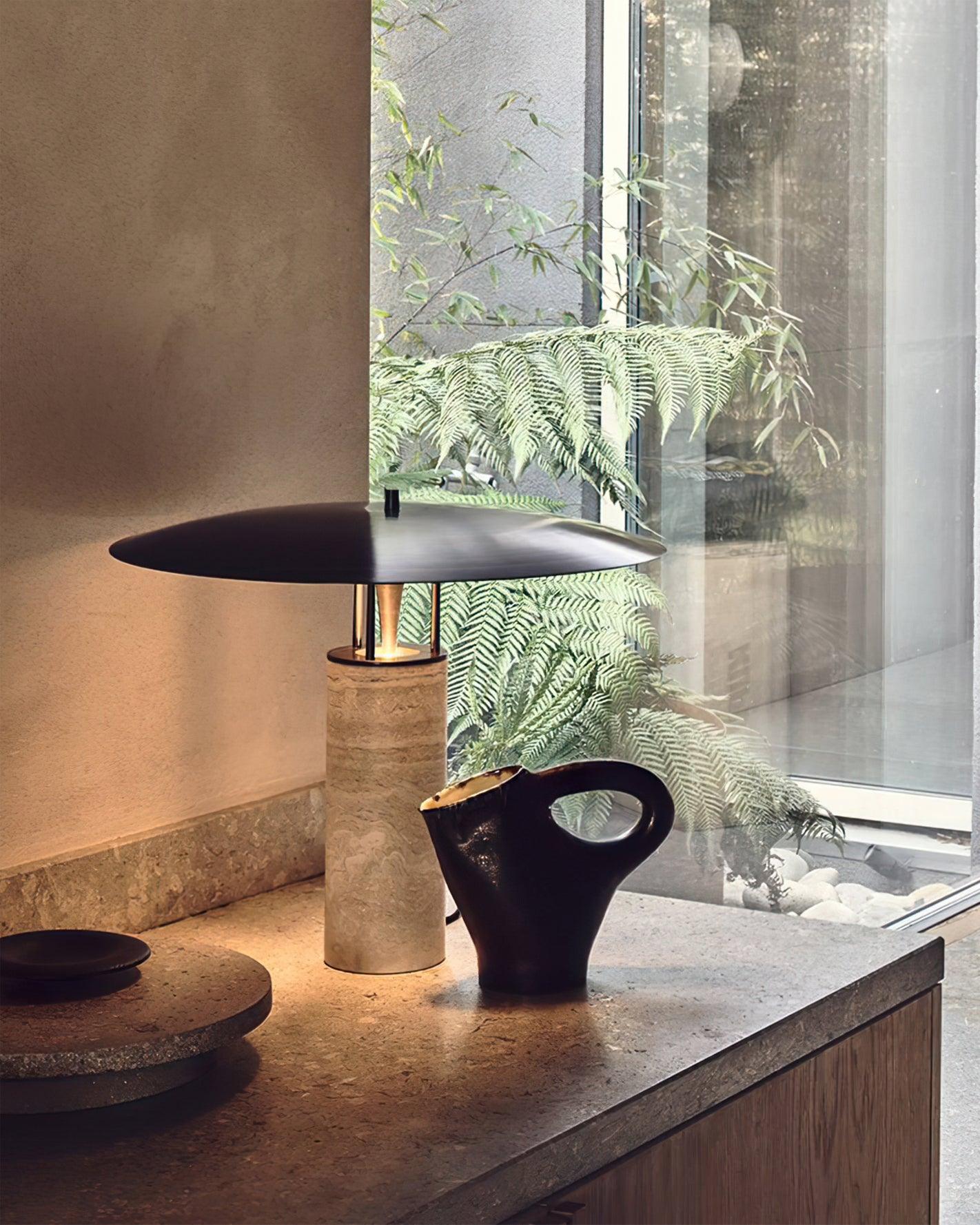Eltheiel Disc-Pillar Travertine Table Lamp - Blowlighting