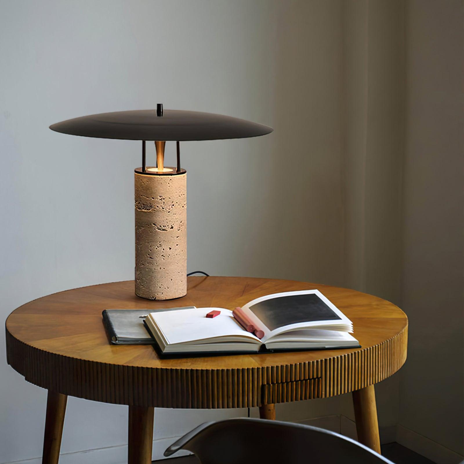Eltheiel Disc-Pillar Travertine Table Lamp - Blowlighting