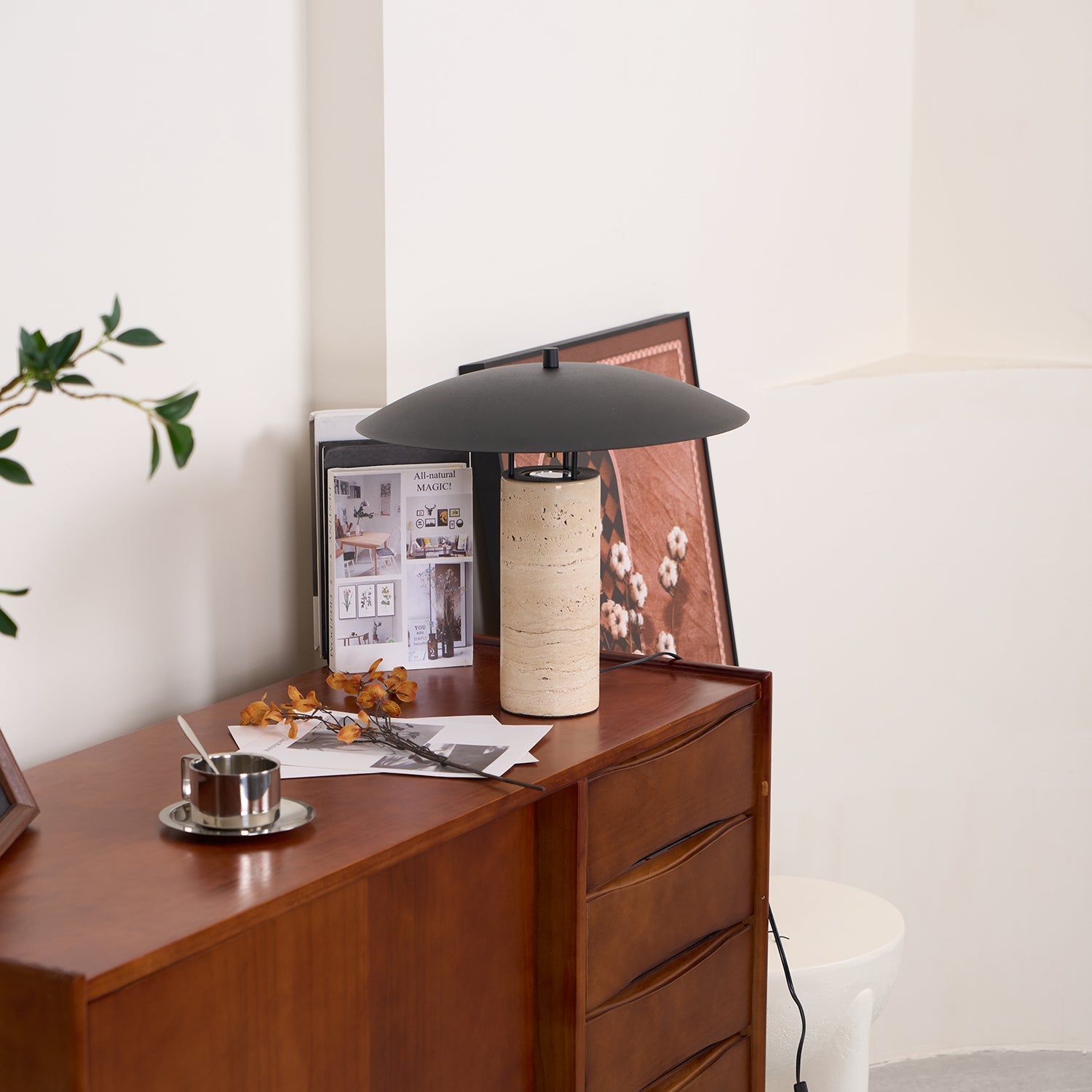 Eltheiel Disc-Pillar Travertine Table Lamp - Blowlighting
