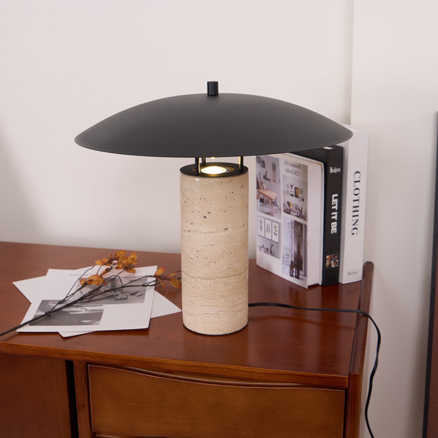 Eltheiel Disc-Pillar Travertine Table Lamp - Blowlighting