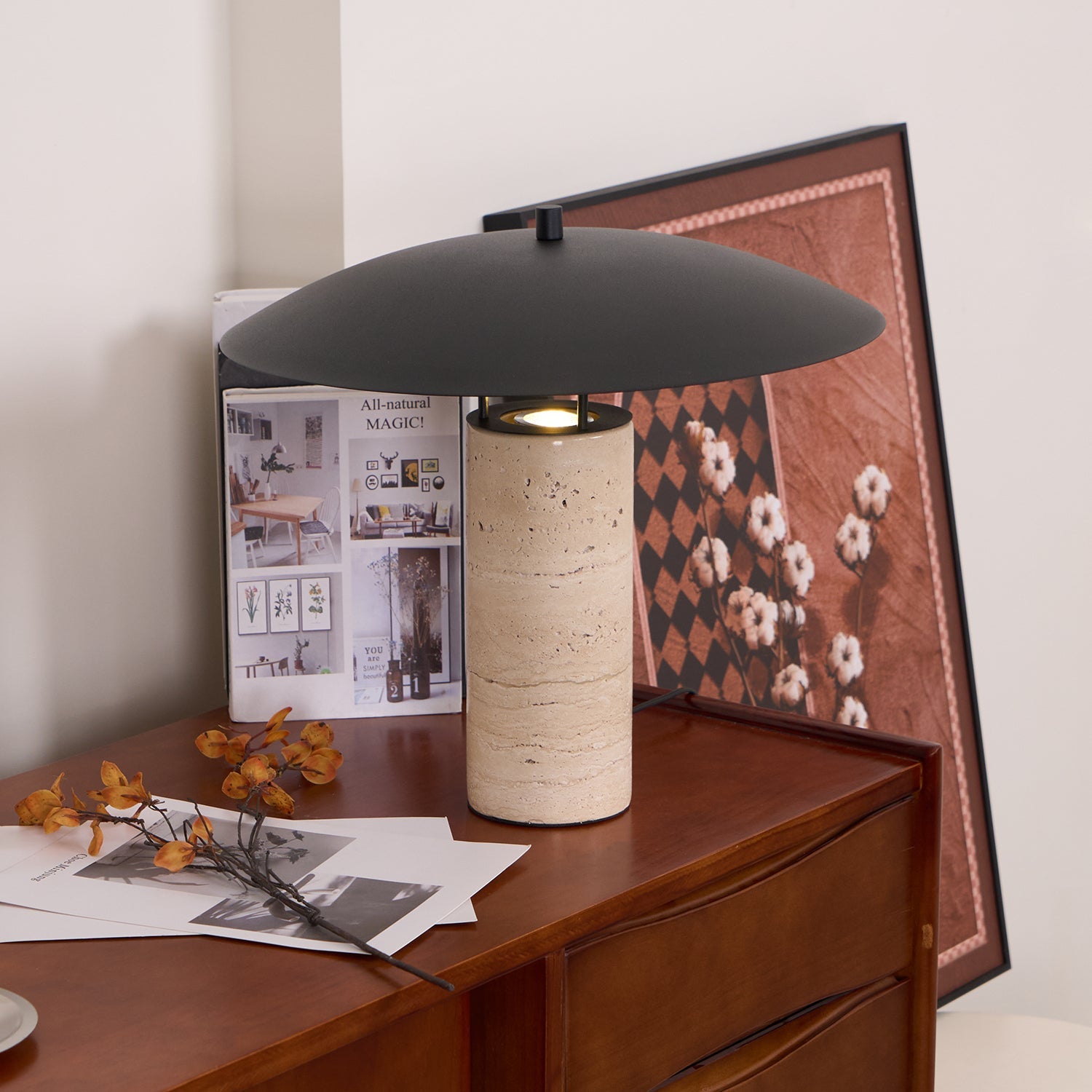 Eltheiel Disc-Pillar Travertine Table Lamp - Blowlighting