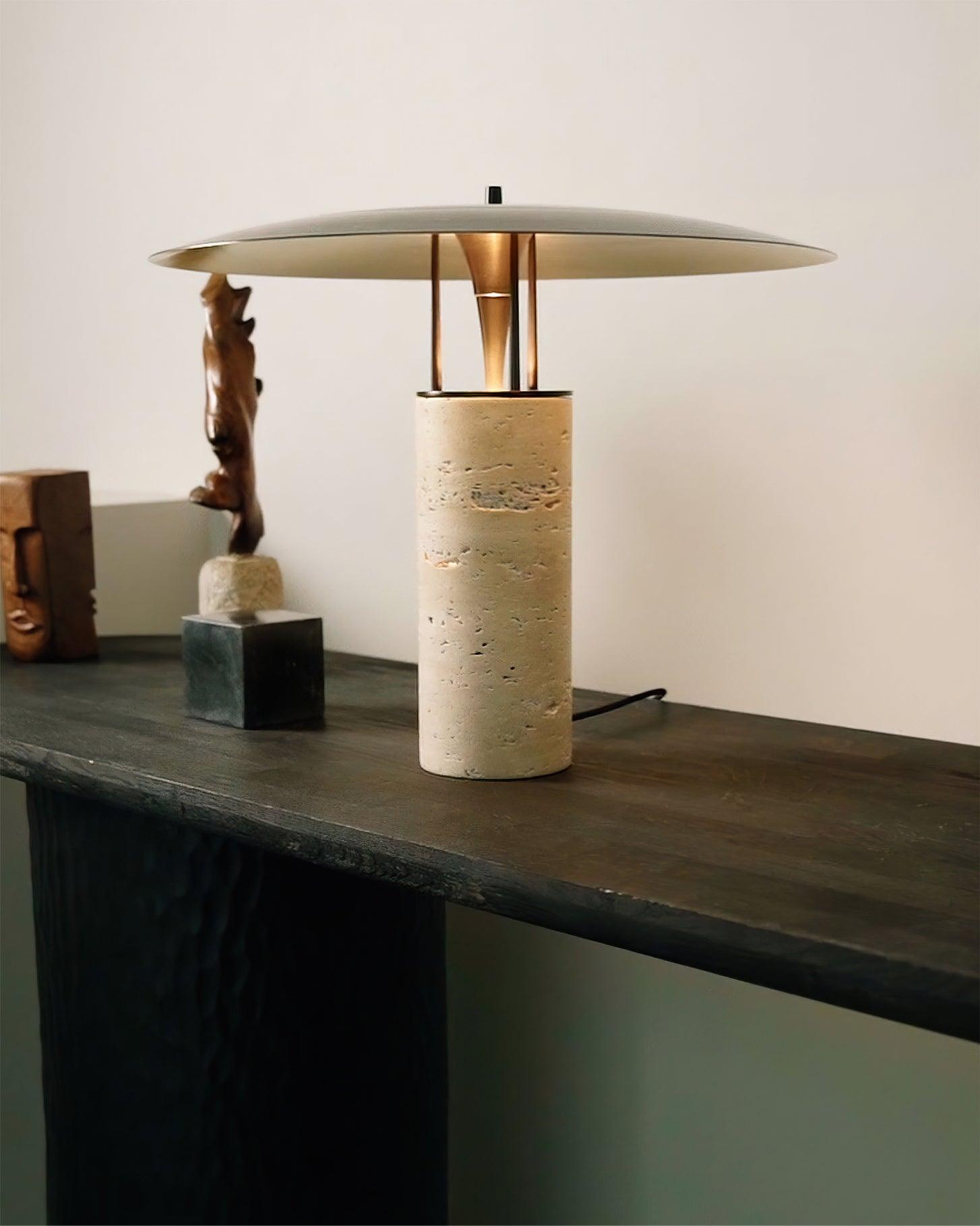 Eltheiel Disc-Pillar Travertine Table Lamp - Blowlighting