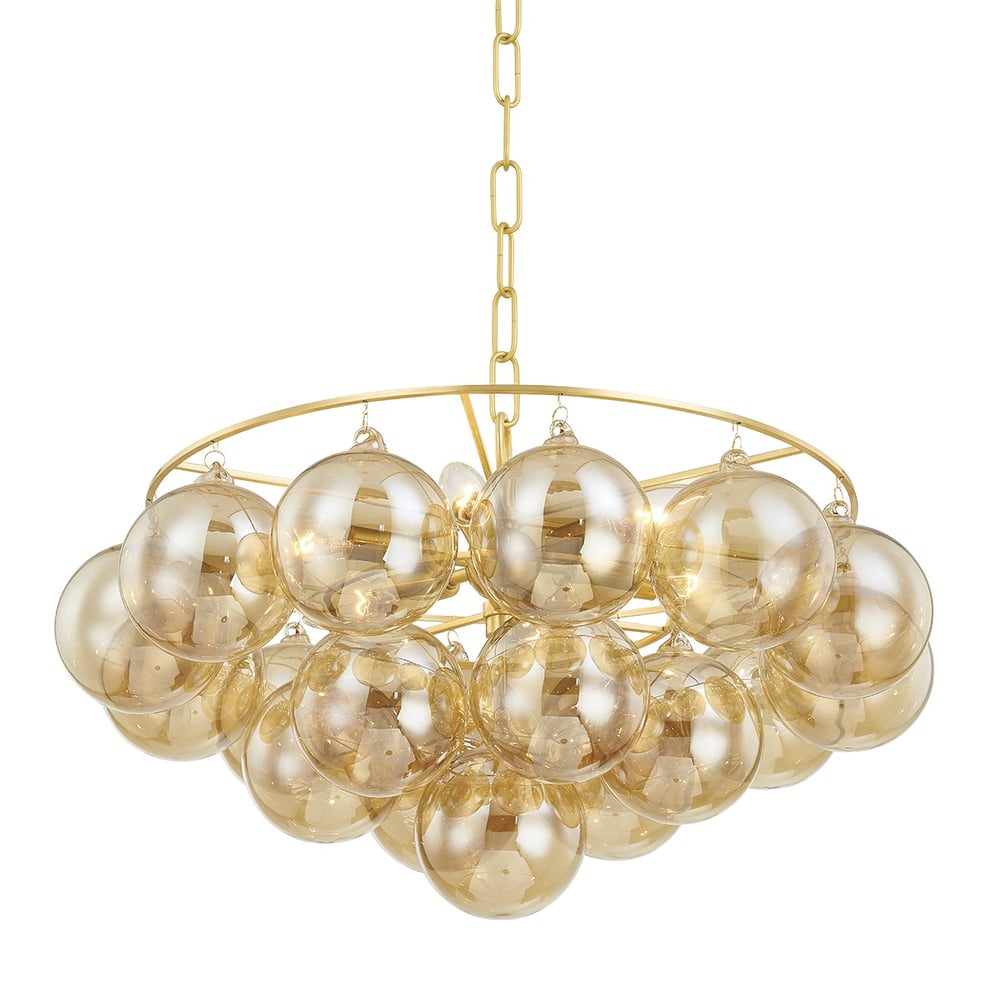 Aurora Chandelier Clear Glass Globe Aged Brass Elegant - Blowlighting