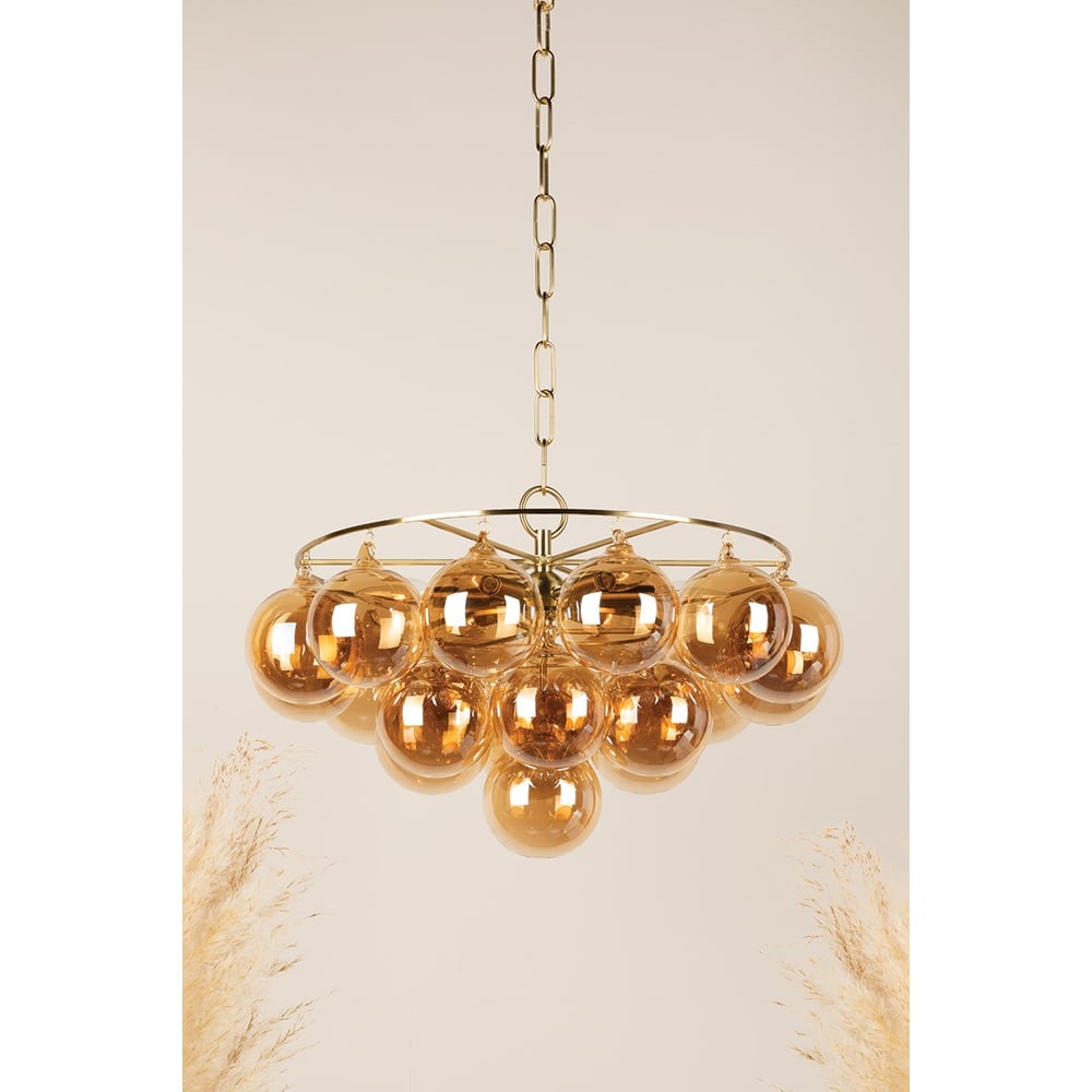 Aurora Chandelier Clear Glass Globe Aged Brass Elegant - Blowlighting