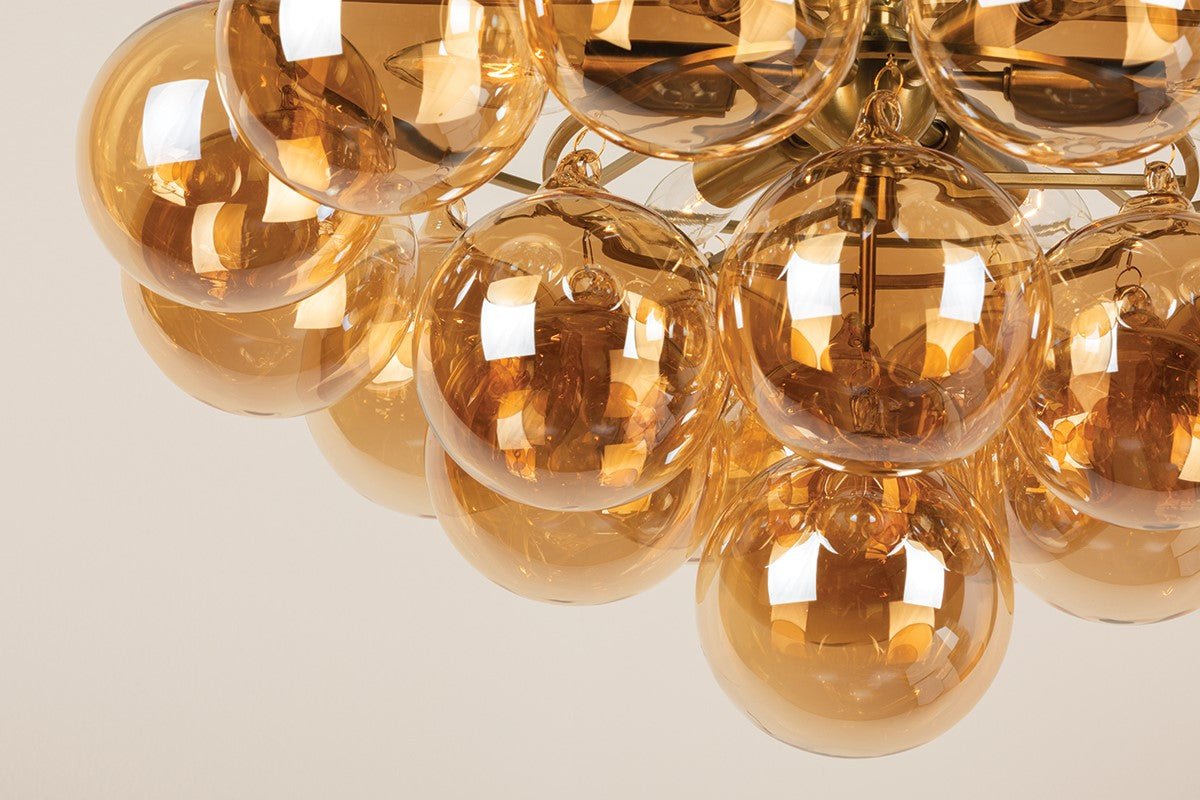 Aurora Chandelier Clear Glass Globe Aged Brass Elegant - Blowlighting