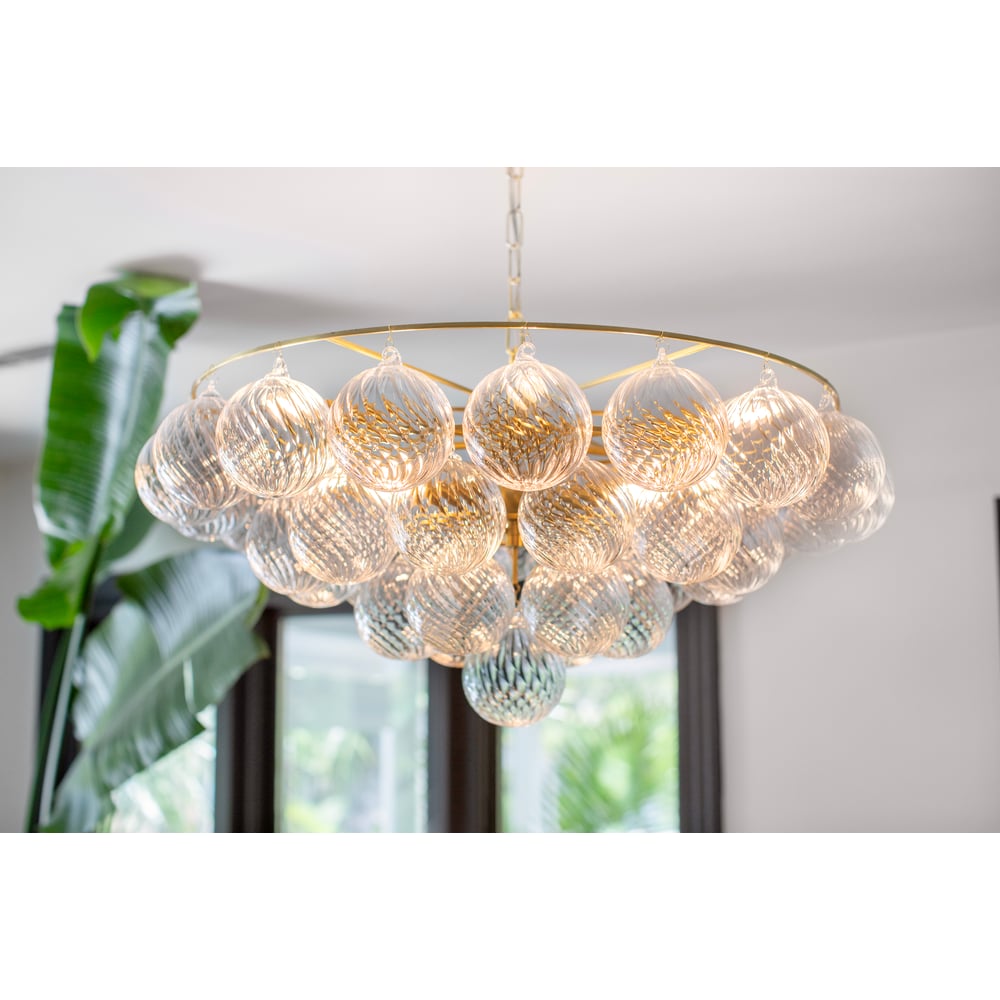 Aurora Chandelier Clear Glass Globe Aged Brass Elegant - Blowlighting