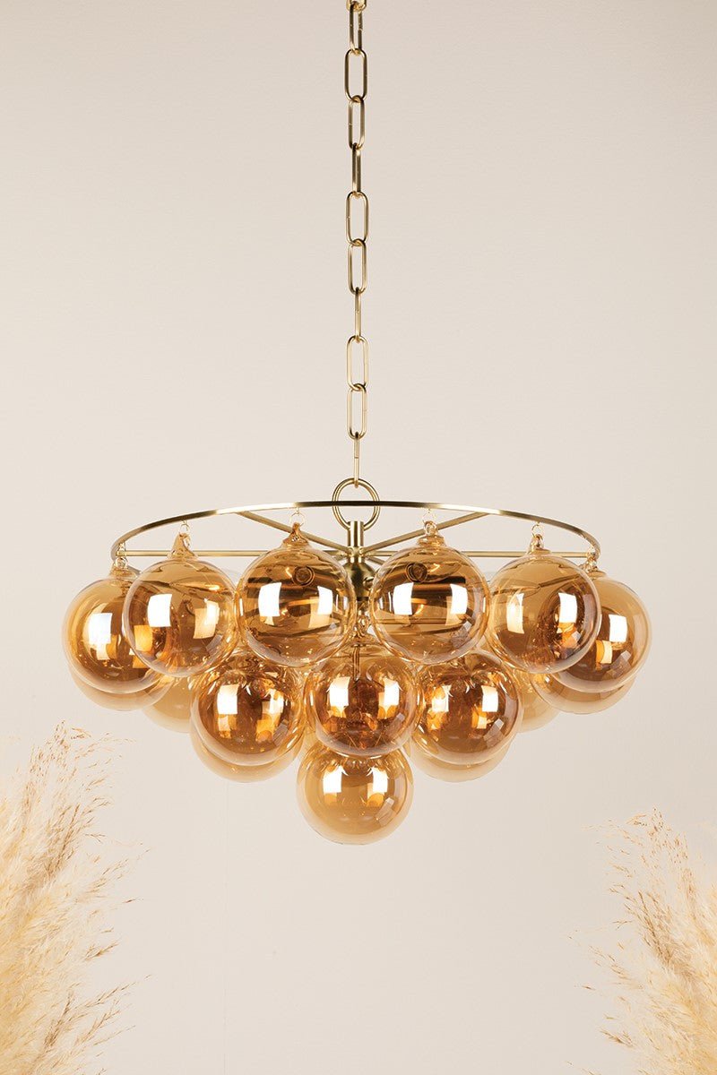 Aurora Chandelier Clear Glass Globe Aged Brass Elegant - Blowlighting