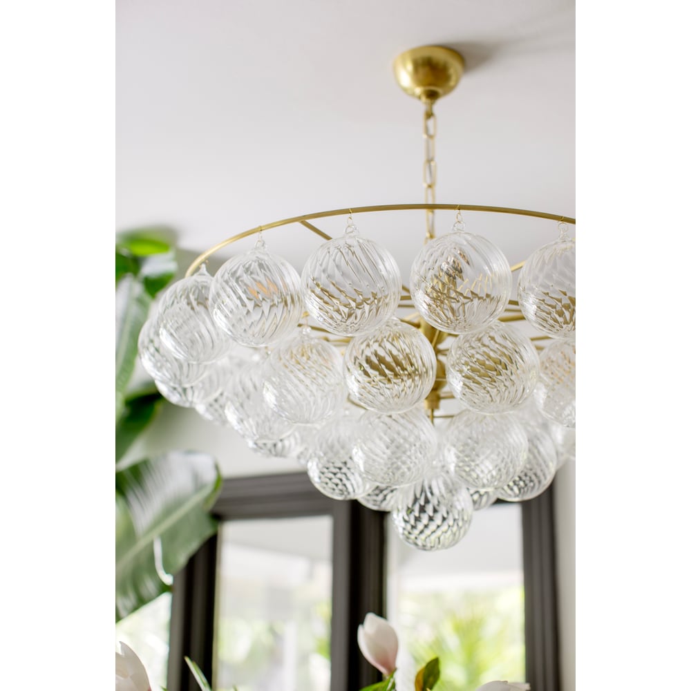 Aurora Chandelier Clear Glass Globe Aged Brass Elegant - Blowlighting