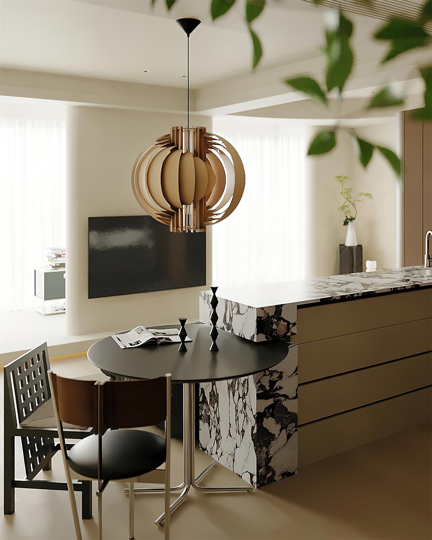 Moon Oriental Wood Pendant Light