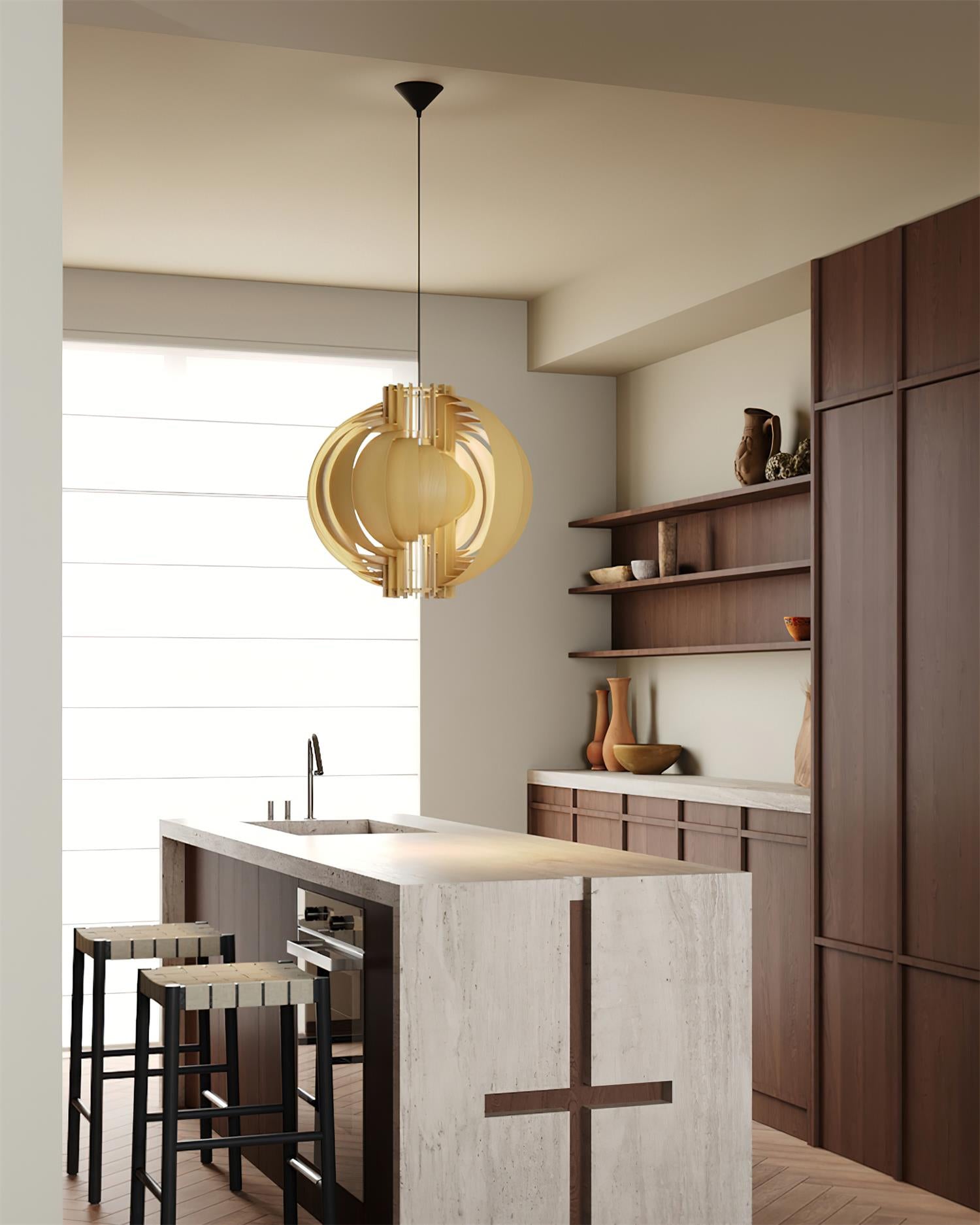 Moon Oriental Wood Pendant Light