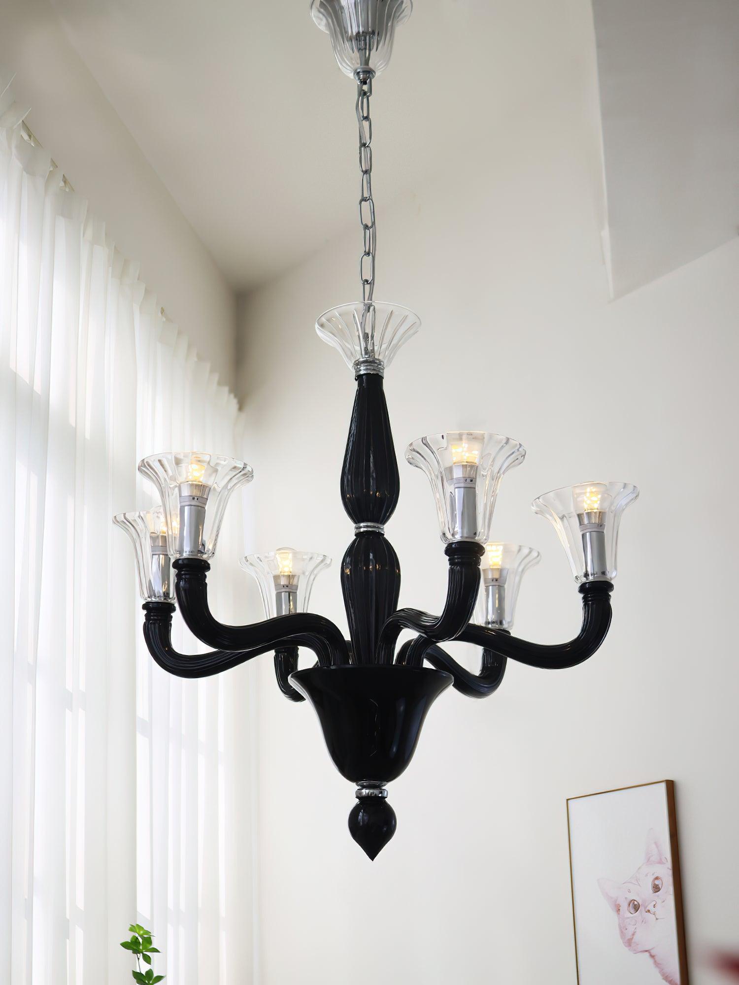 Aurora Chandelier Black Murano Candle Arm Glass Classic - Blowlighting