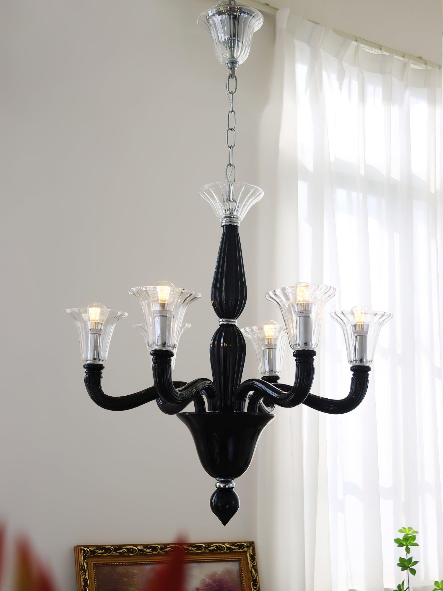 Aurora Chandelier Black Murano Candle Arm Glass Classic - Blowlighting