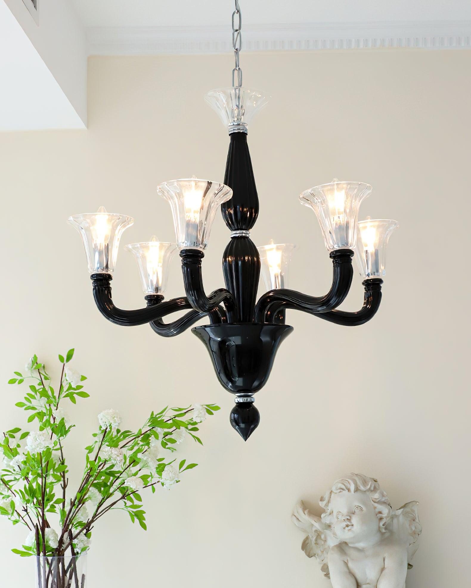 Aurora Chandelier Black Murano Candle Arm Glass Classic - Blowlighting