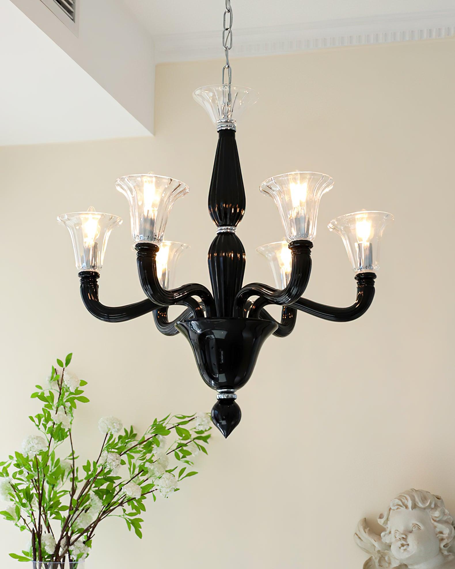 Aurora Chandelier Black Murano Candle Arm Glass Classic - Blowlighting