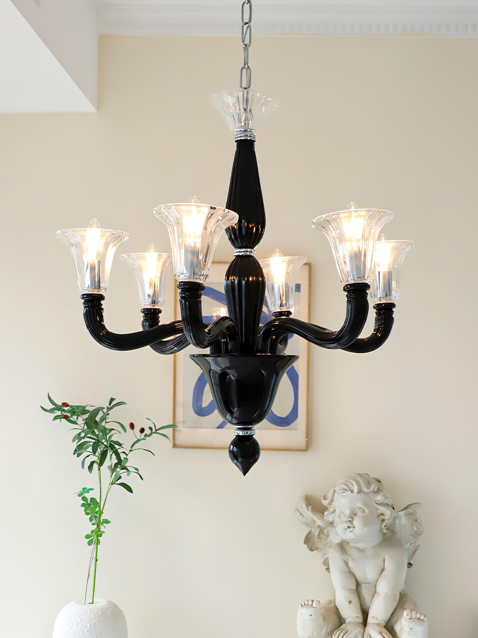 Aurora Chandelier Black Murano Candle Arm Glass Classic - Blowlighting