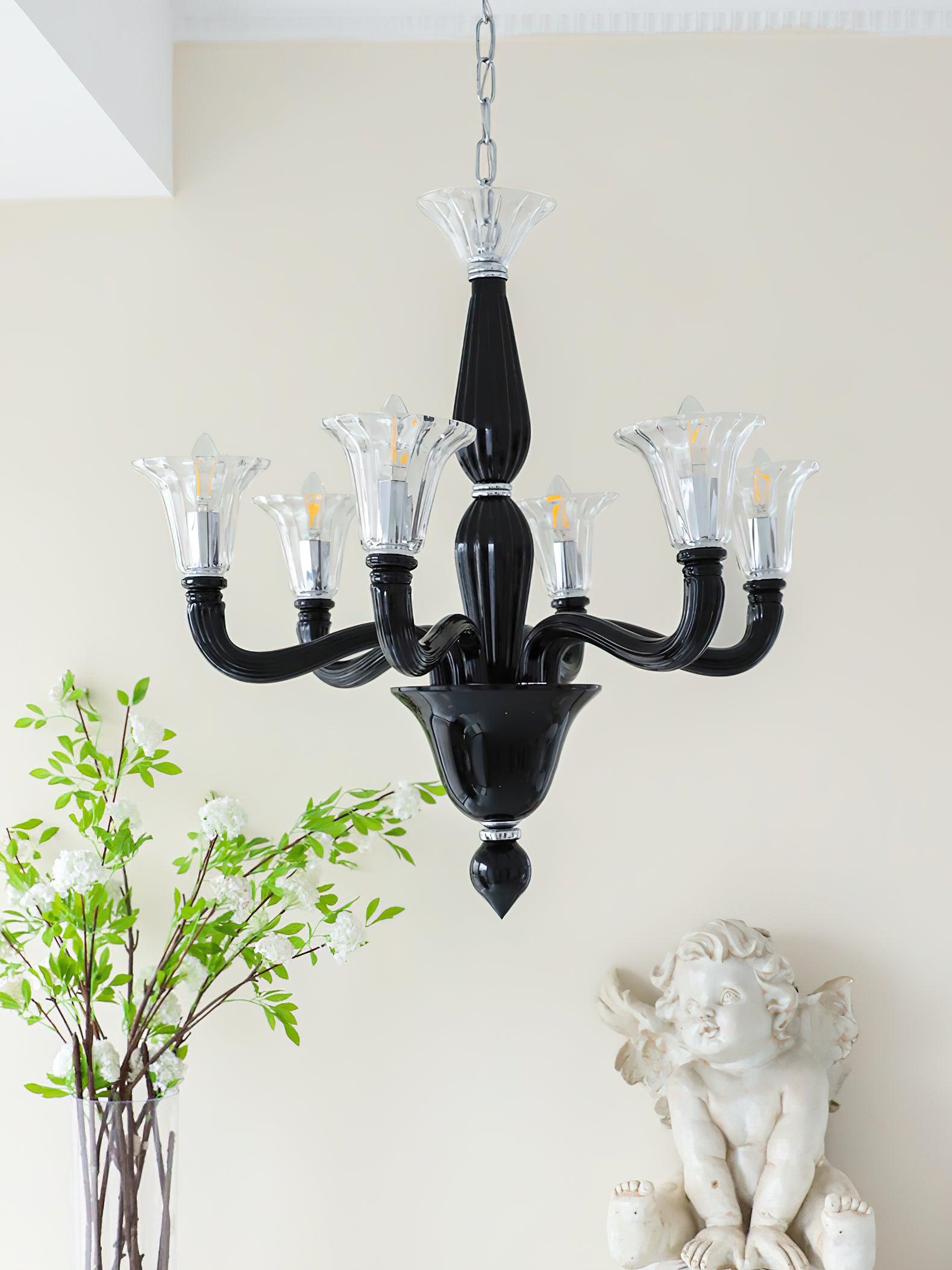 Aurora Chandelier Black Murano Candle Arm Glass Classic - Blowlighting