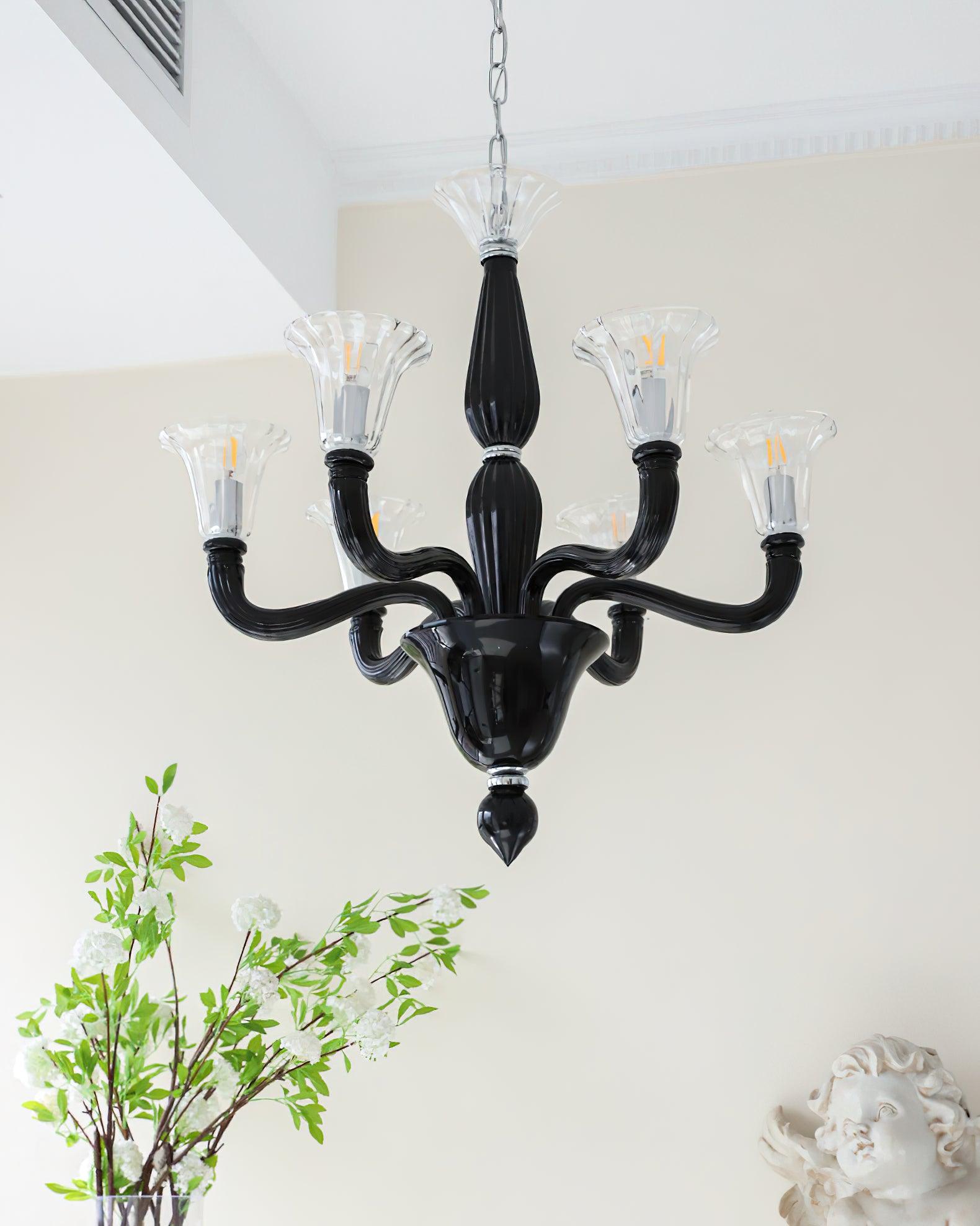 Aurora Chandelier Black Murano Candle Arm Glass Classic - Blowlighting