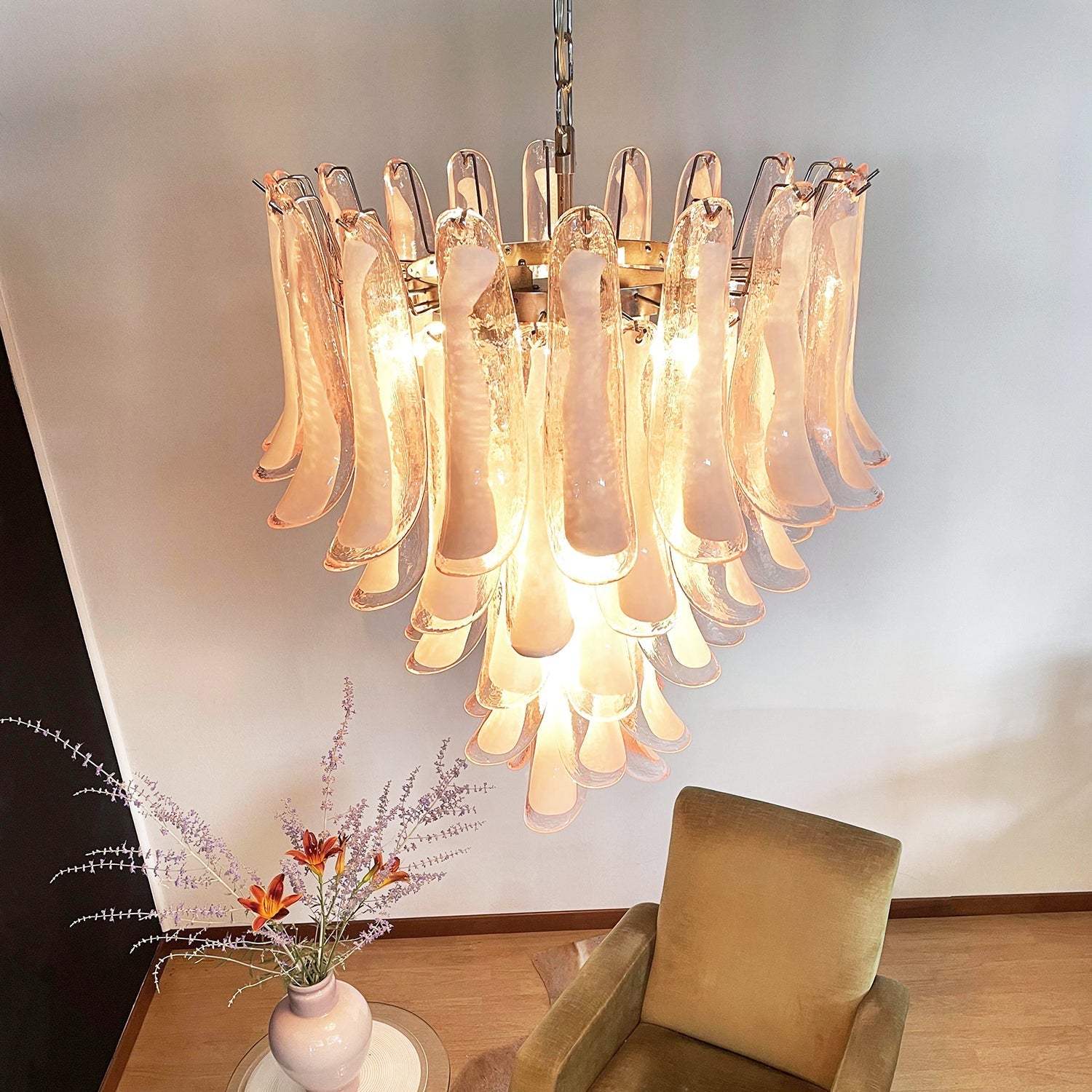 Aurora Chandelier Pink Murano Glass Petals Cascade - Blowlighting