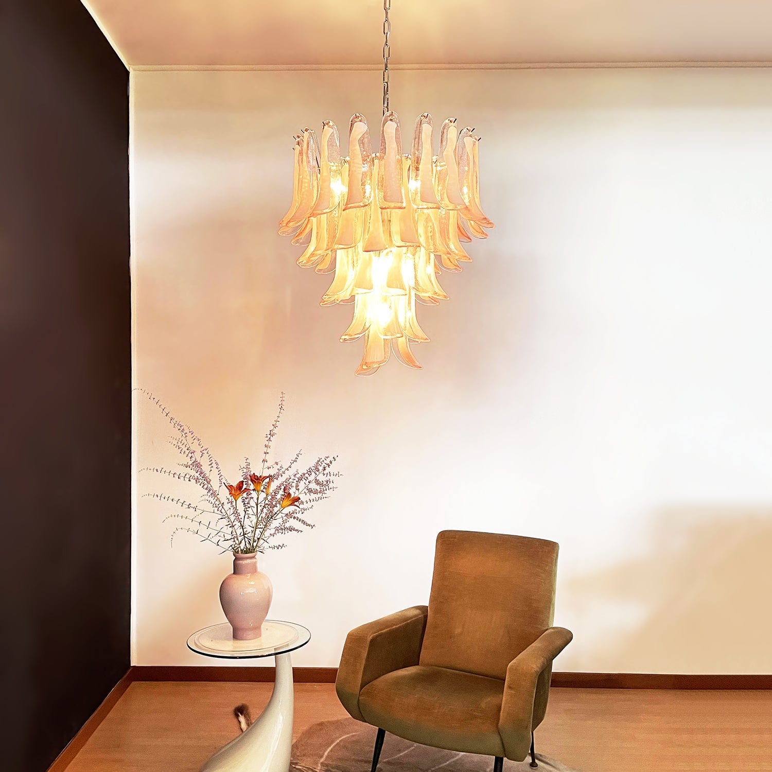 Aurora Chandelier Pink Murano Glass Petals Cascade - Blowlighting