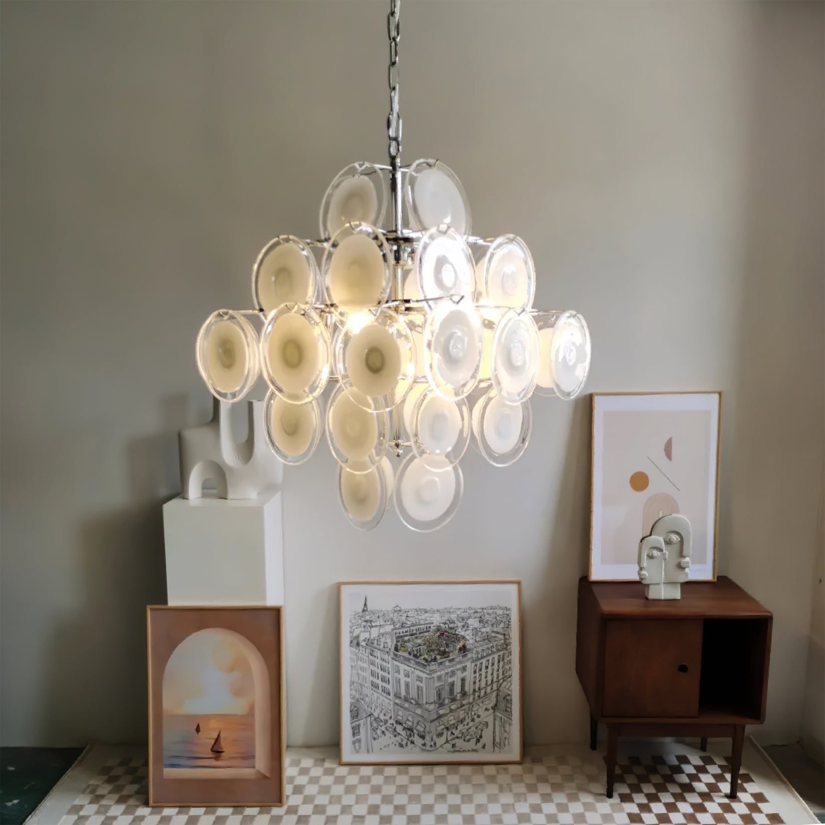 Aurora Chandelier White Murano Glass Discs Cluster - Blowlighting