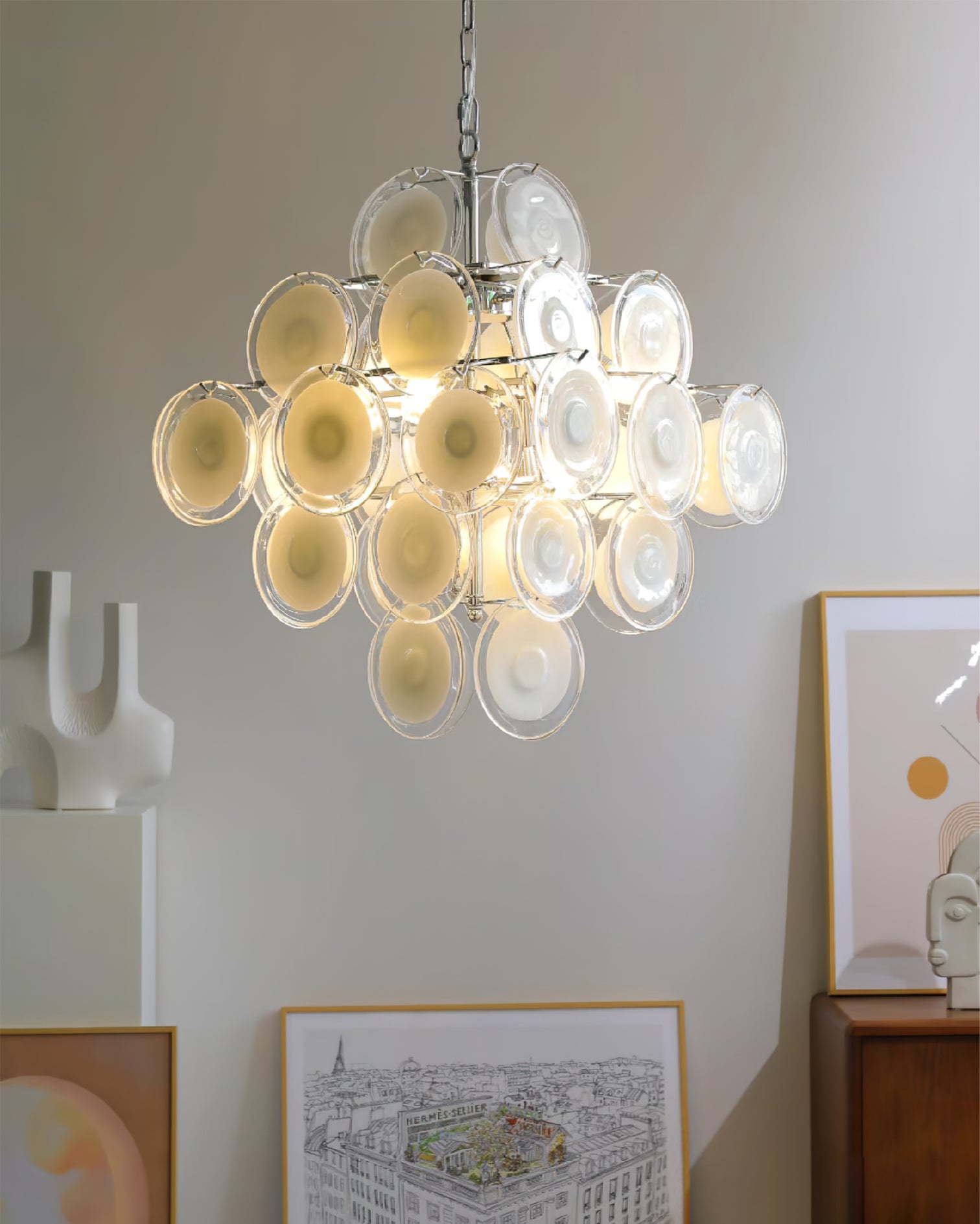 Aurora Chandelier White Murano Glass Discs Cluster - Blowlighting