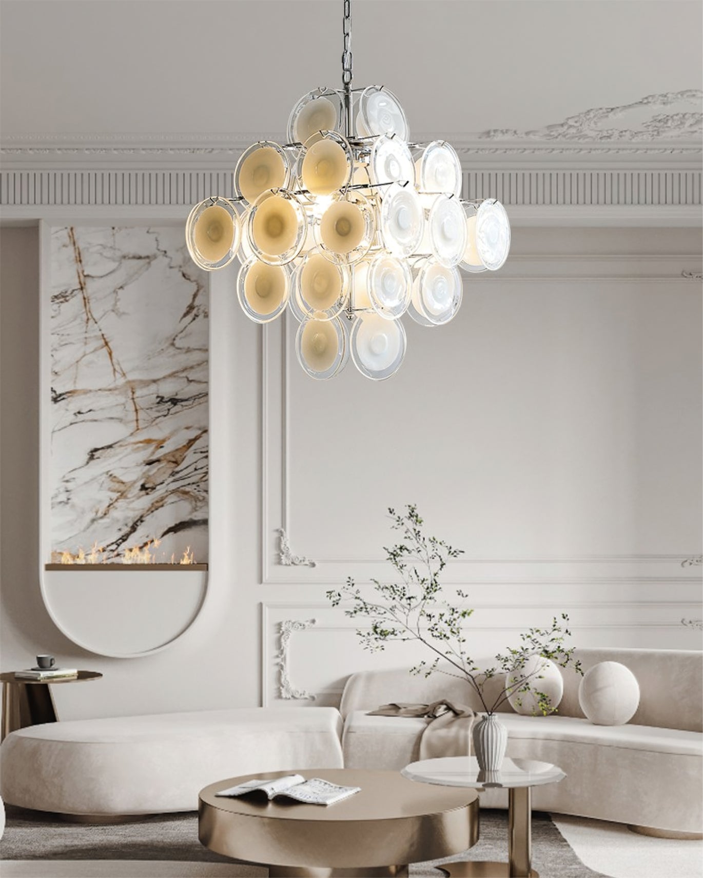 Aurora Chandelier White Murano Glass Discs Cluster - Blowlighting