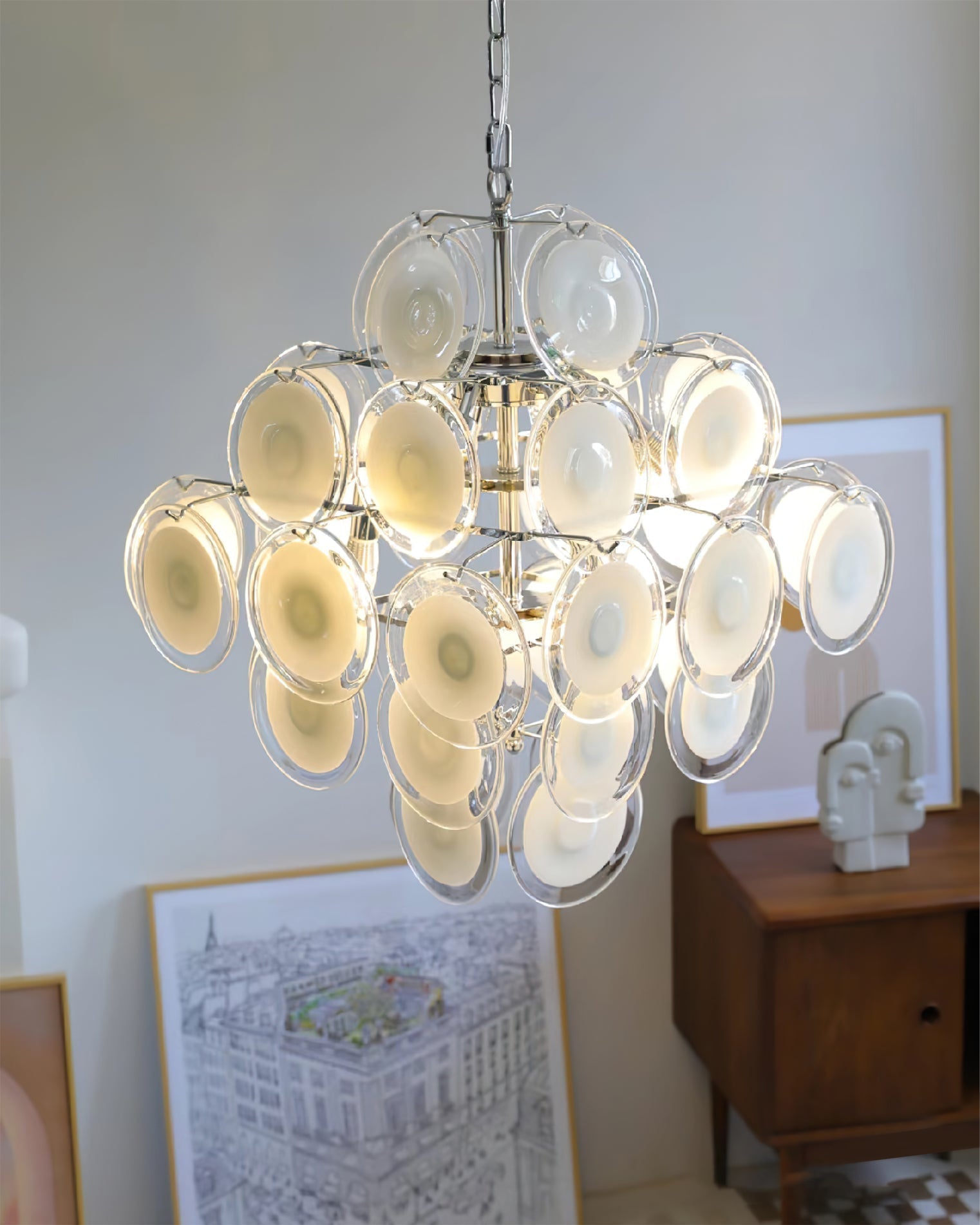Aurora Chandelier White Murano Glass Discs Cluster - Blowlighting