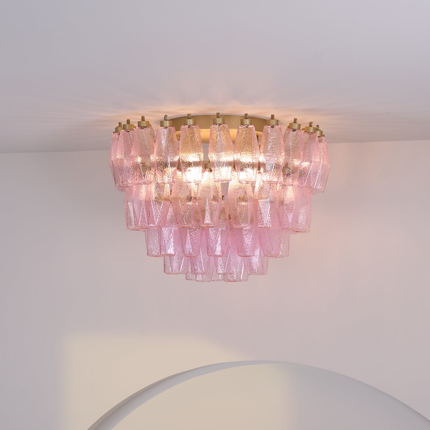 Aurora Ceiling Lamp Poliedri Pink Murano Glass Layered Flush Mount - Blowlighting
