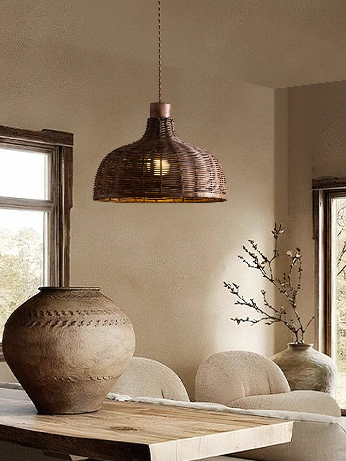 Lighting Rasa Pendant Light Brown Rattan Wabi-Sabi Bedroom | Blowlighting