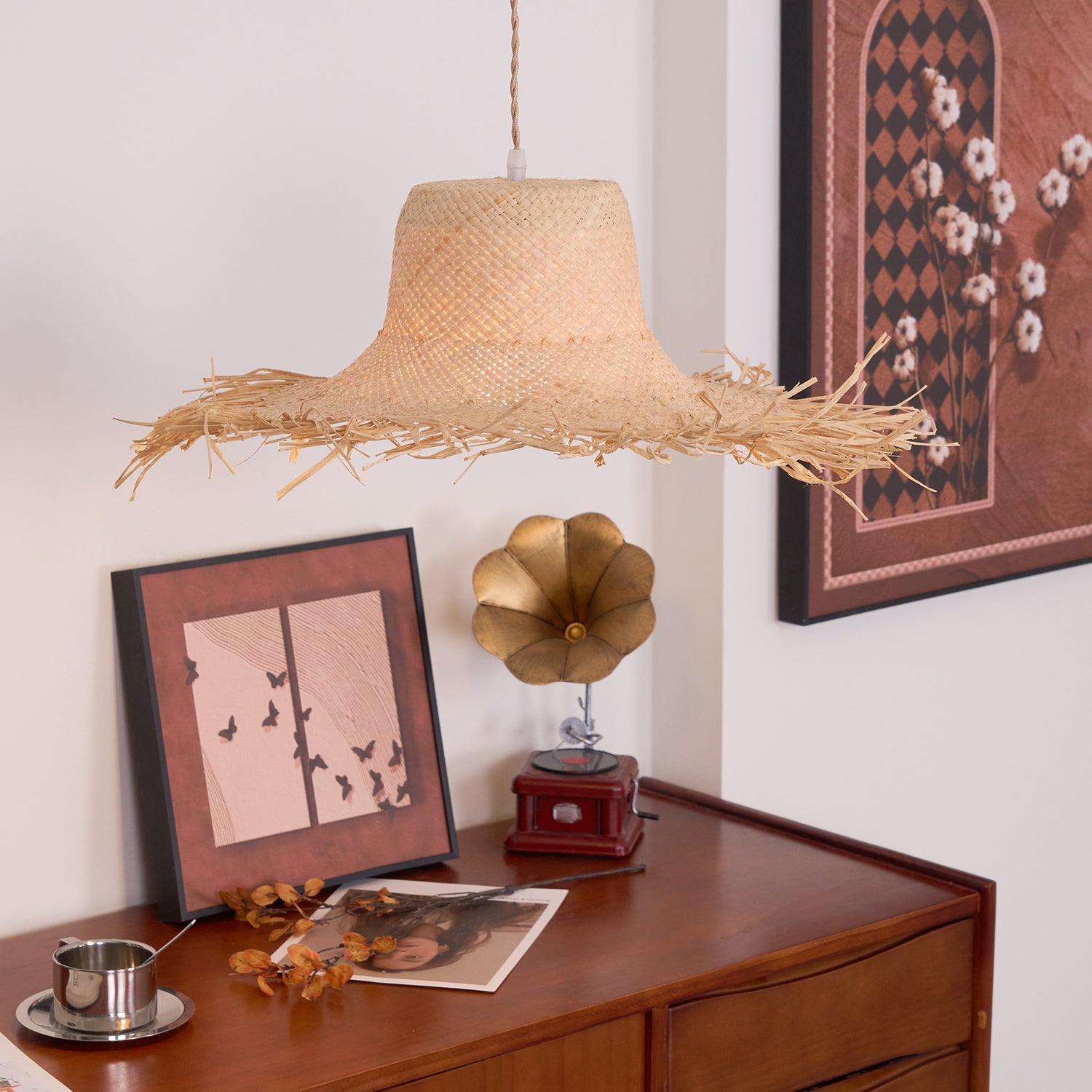 Rattan Straw Hat Pendant Light - Blowlighting