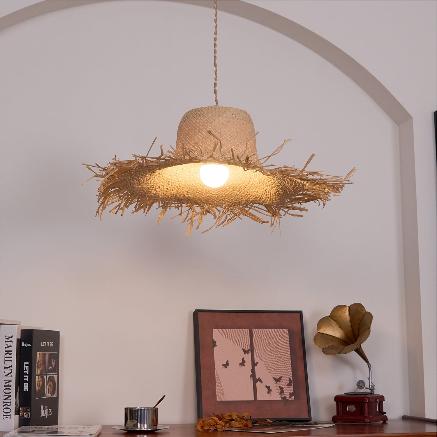 Rattan Straw Hat Pendant Light - Blowlighting