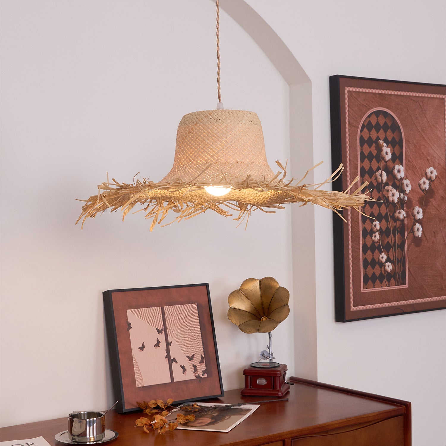 Rattan Straw Hat Pendant Light - Blowlighting