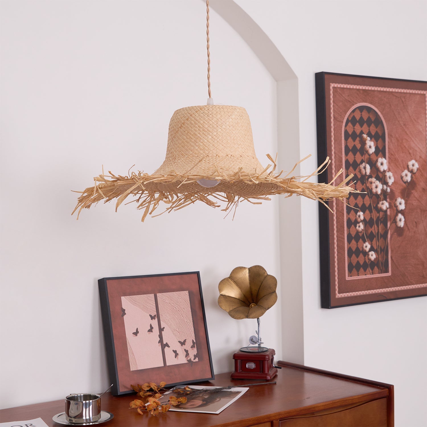 Rattan Straw Hat Pendant Light - Blowlighting