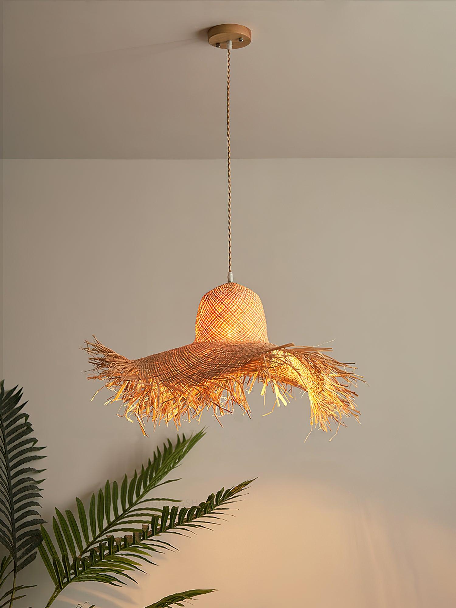 Rattan Straw Hat Pendant Light - Blowlighting