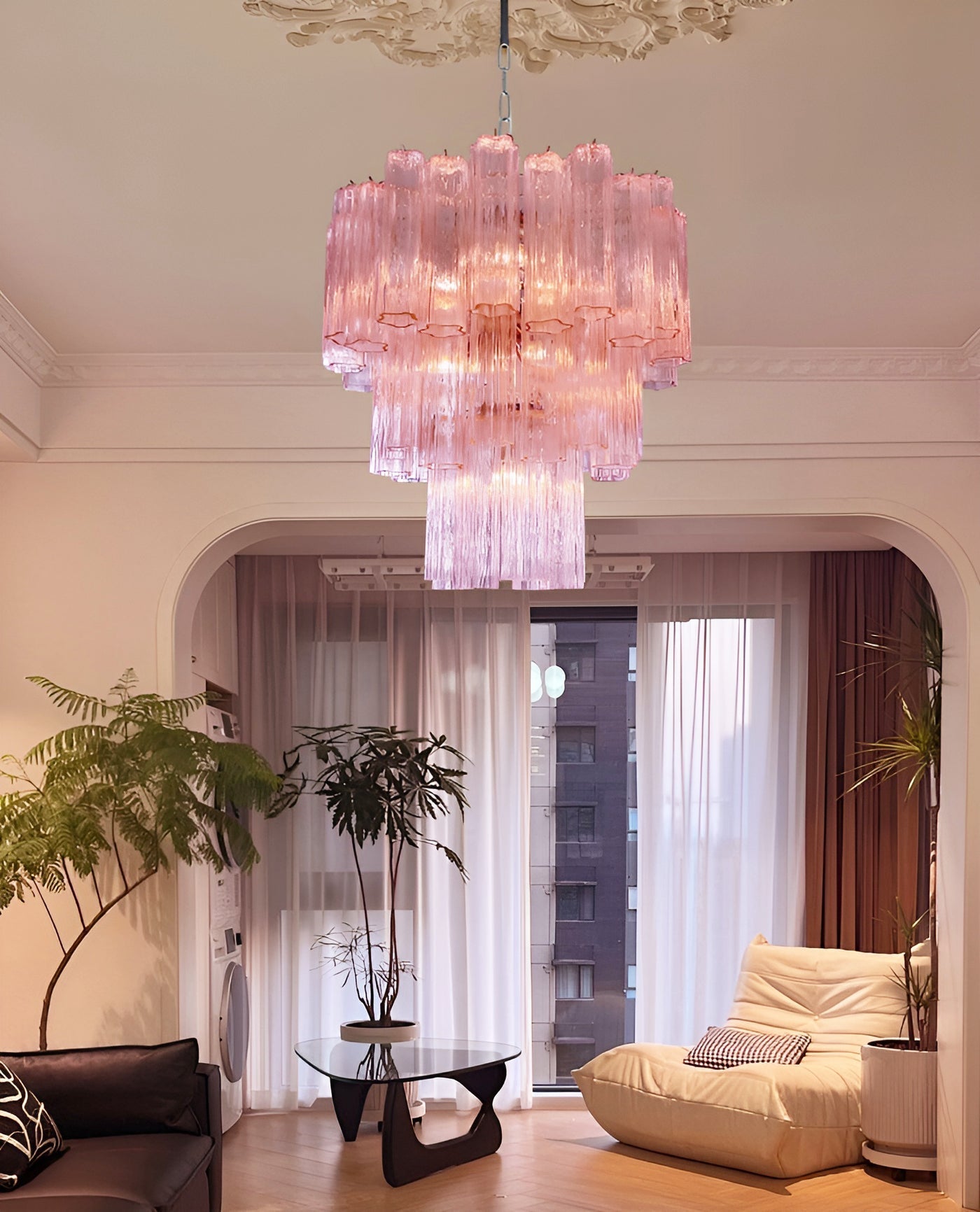 Aurora Chandelier Pink Glass Tubes Layered Modern - Blowlighting