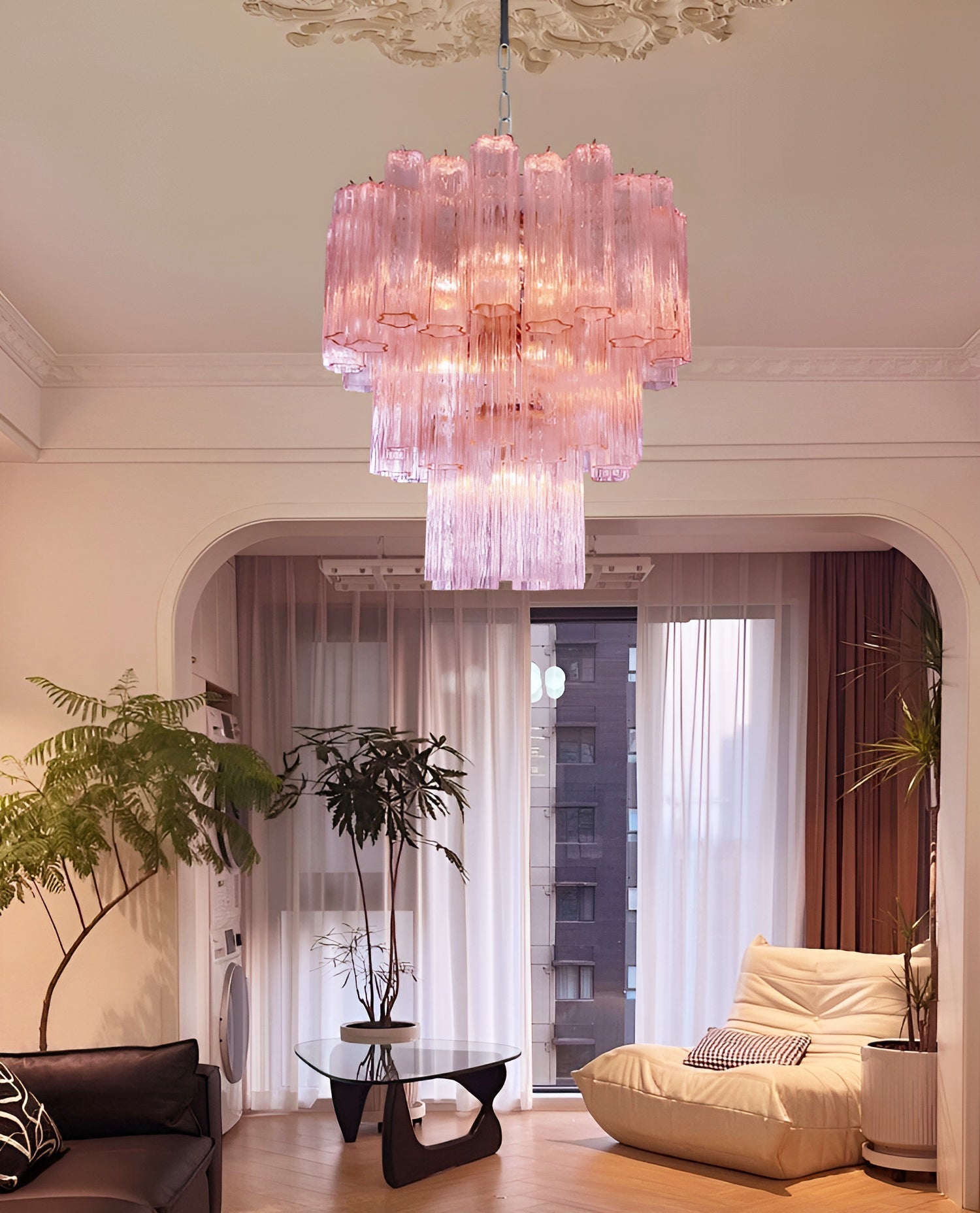 Aurora Chandelier Pink Glass Tubes Layered Modern - Blowlighting