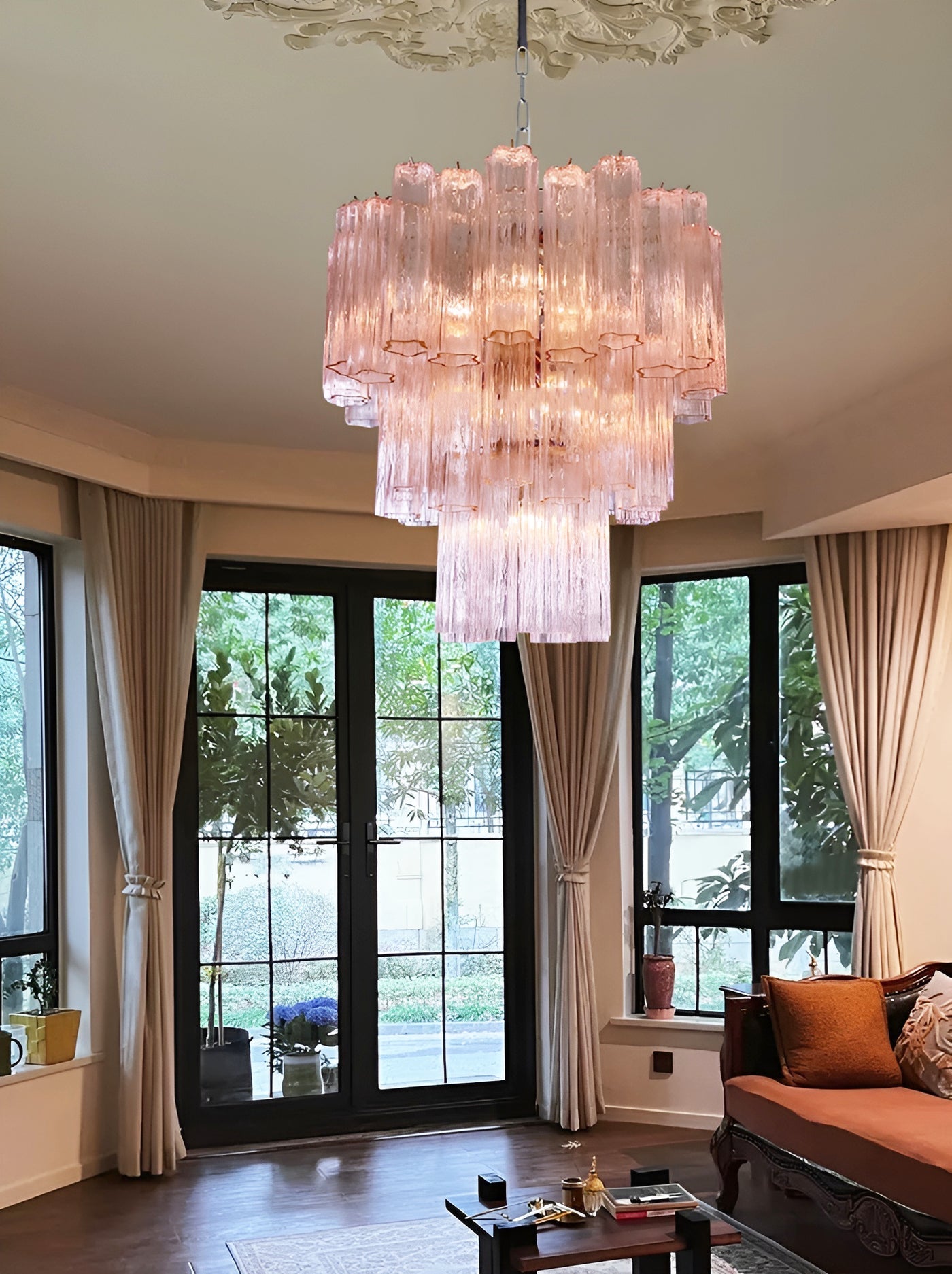 Aurora Chandelier Pink Glass Tubes Layered Modern - Blowlighting