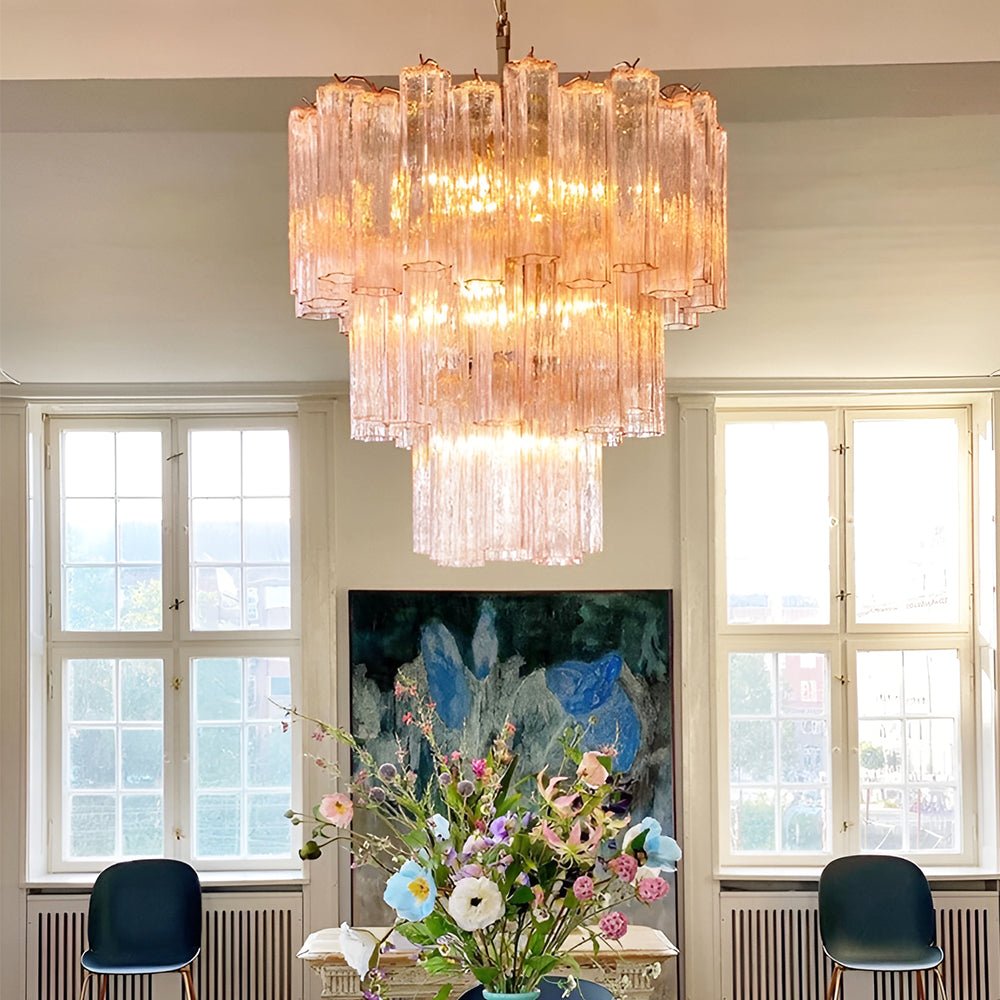 Aurora Chandelier Pink Glass Tubes Layered Modern - Blowlighting