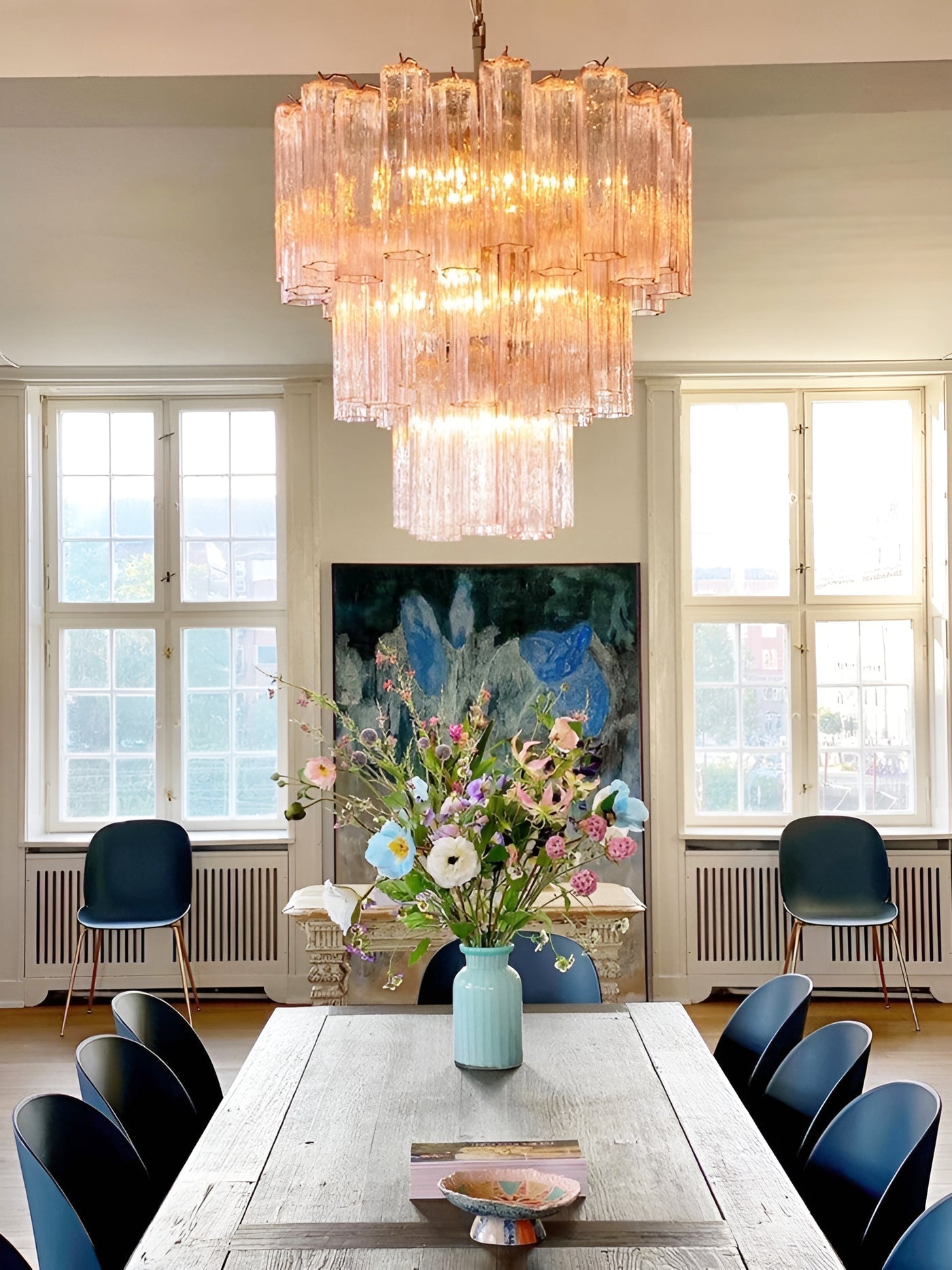 Aurora Chandelier Pink Glass Tubes Layered Modern - Blowlighting
