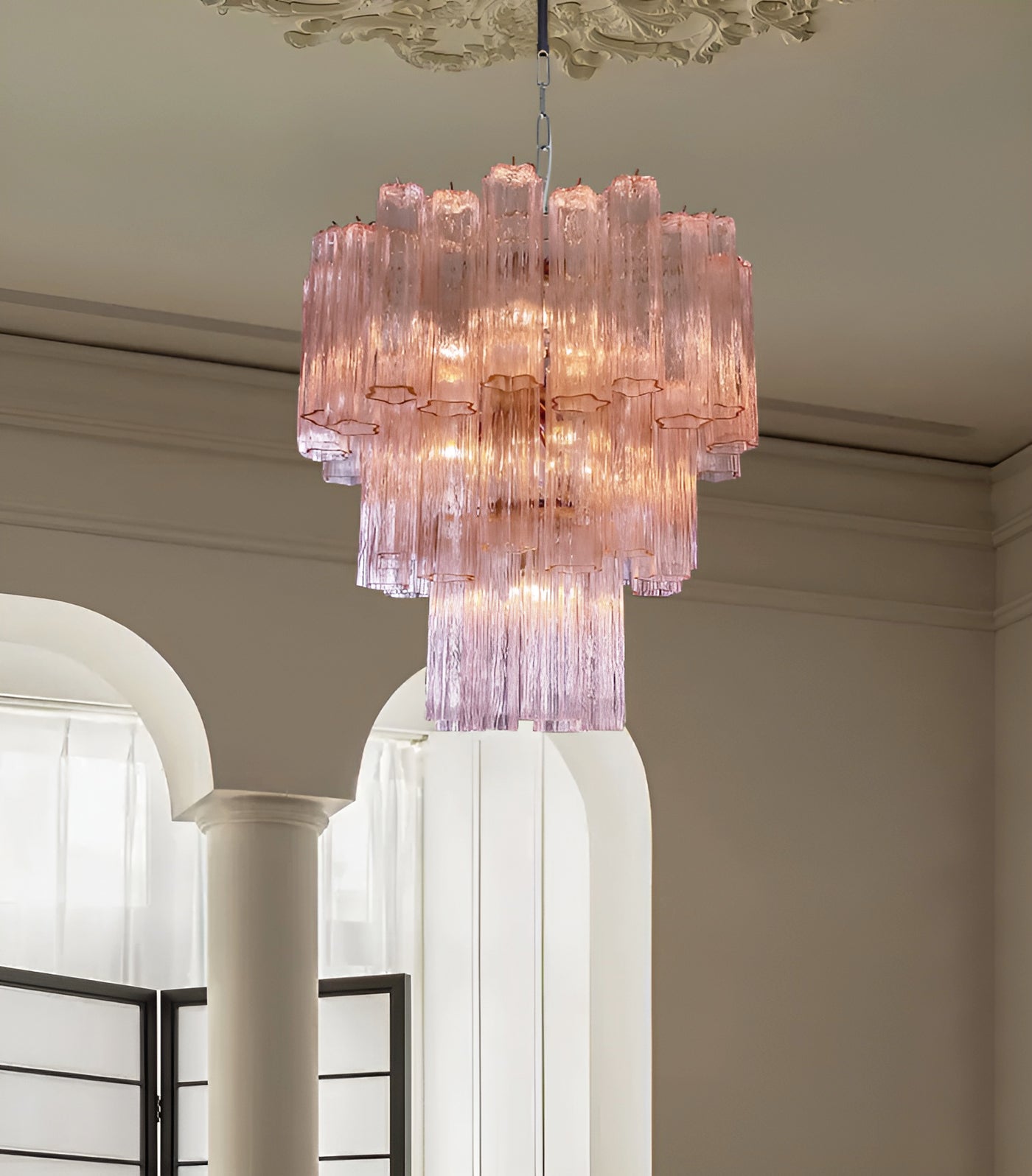 Aurora Chandelier Pink Glass Tubes Layered Modern - Blowlighting
