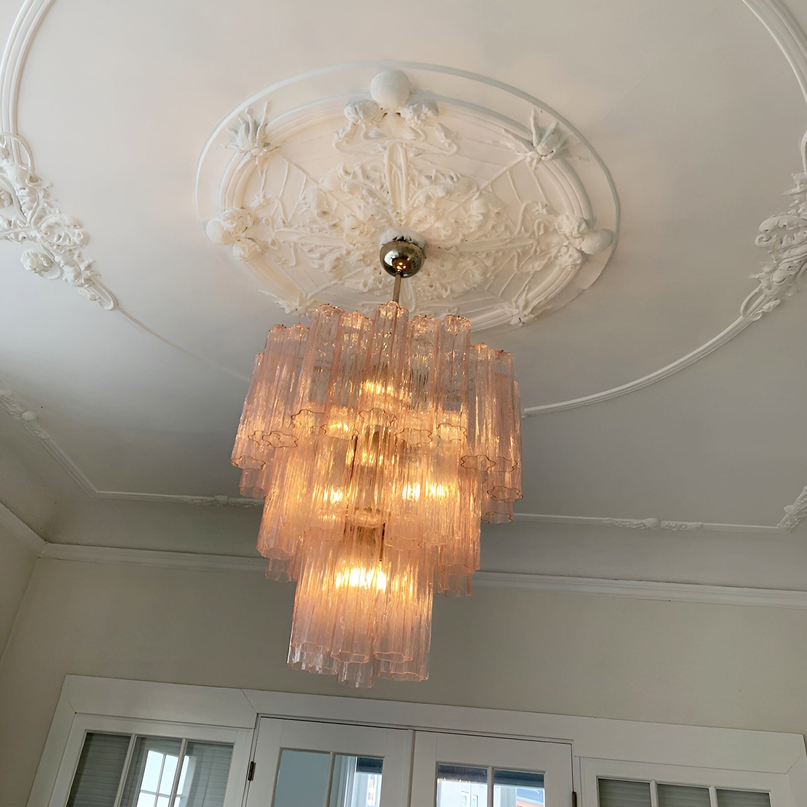 Aurora Chandelier Pink Glass Tubes Layered Modern - Blowlighting